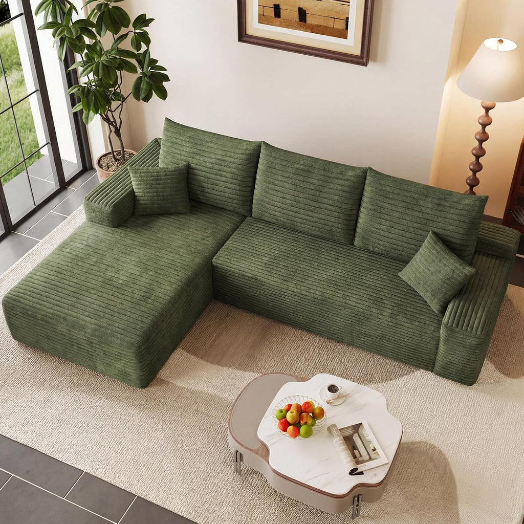 95' Modular Sectional Couch, Boneless L Shaped Cloud Sofa with Chaise Lounge, Corduroy Upholstered Couches Memory Foam Deep Seat, No Assembly Required, Ideal for Living Room(Green, Left Facing)
