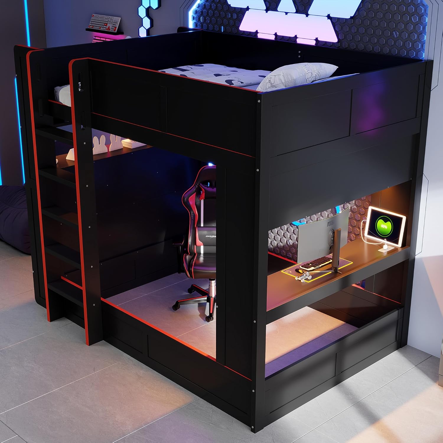 Versatile Wood Full Size Gaming Bunk Bed with Desk, Storage Shelves, LED and Charging Station,for Kids Teens Adults Bedroom Use (Black#T, Full)