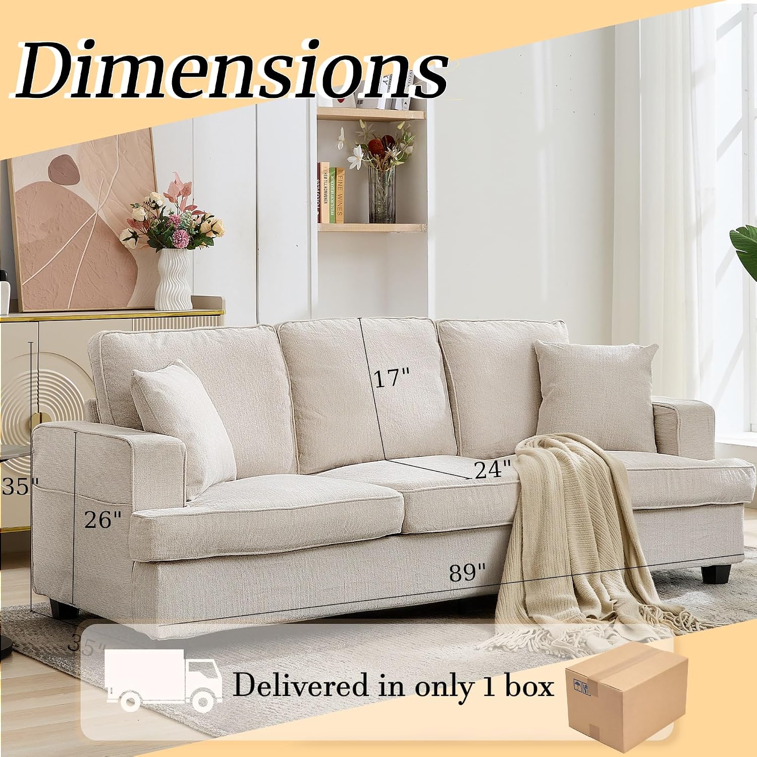 Couches for Living Room, Couch Sofa with Cloud Comfy Deep-Seat, 3 Seater Modern Chenile Sofas for Living Room Bedroom Office Apartment, Beige