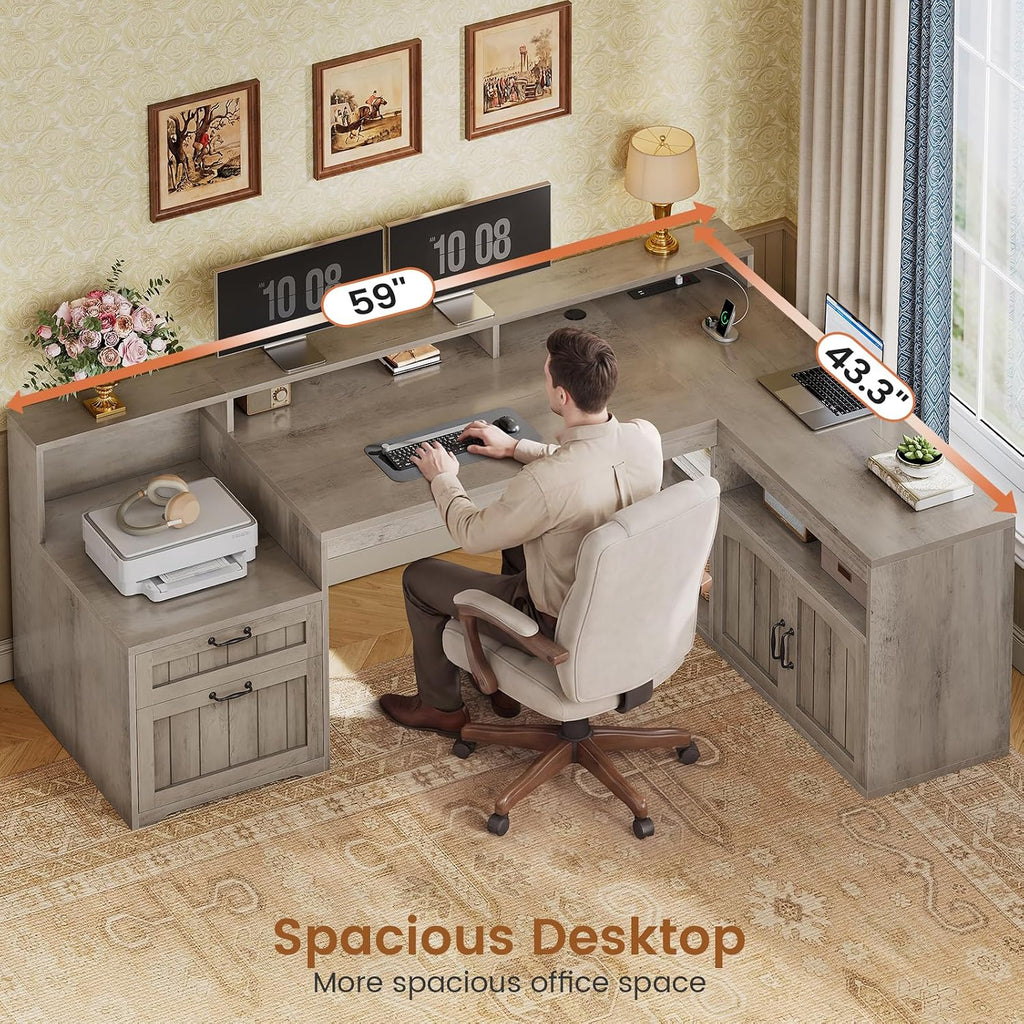 SEDETA Farmhouse L Shaped Desk with Drawers, 59' Office Desk with File Drawers, Wood Corner Computer Desk with Storage, Home Office Desks with Storage Cabinet and Monitor Stand, Grey