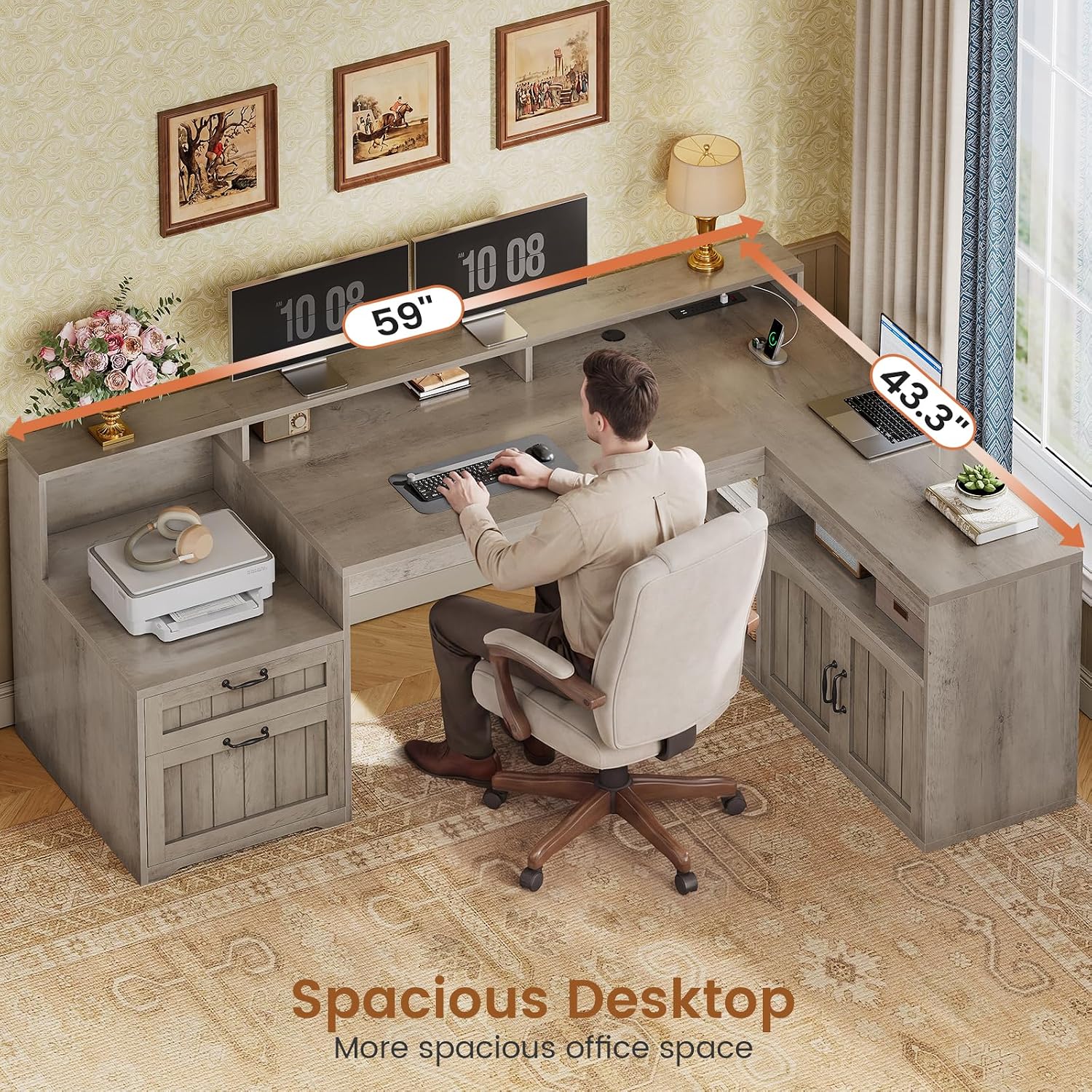 SEDETA Farmhouse L Shaped Desk with Drawers, 59' Office Desk with File Drawers, Wood Corner Computer Desk with Storage, Home Office Desks with Storage Cabinet and Monitor Stand, Grey