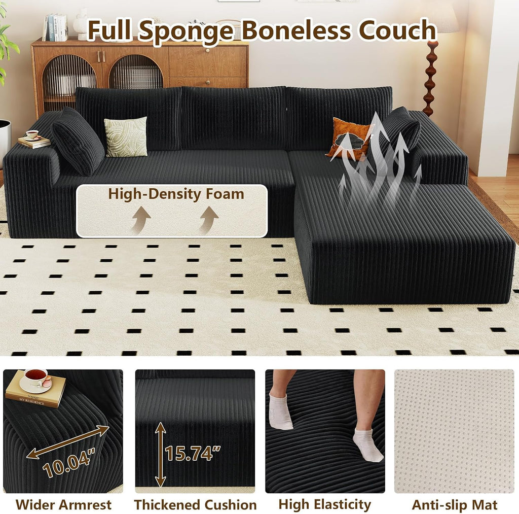 96' Modular Sectional Couch, Boneless L Shaped Cloud Sofa with Chaise Lounge, Corduroy Upholstered Couches Memory Foam Deep Seat, No Assembly Required, Ideal for Living Room(Black, Right Facing)