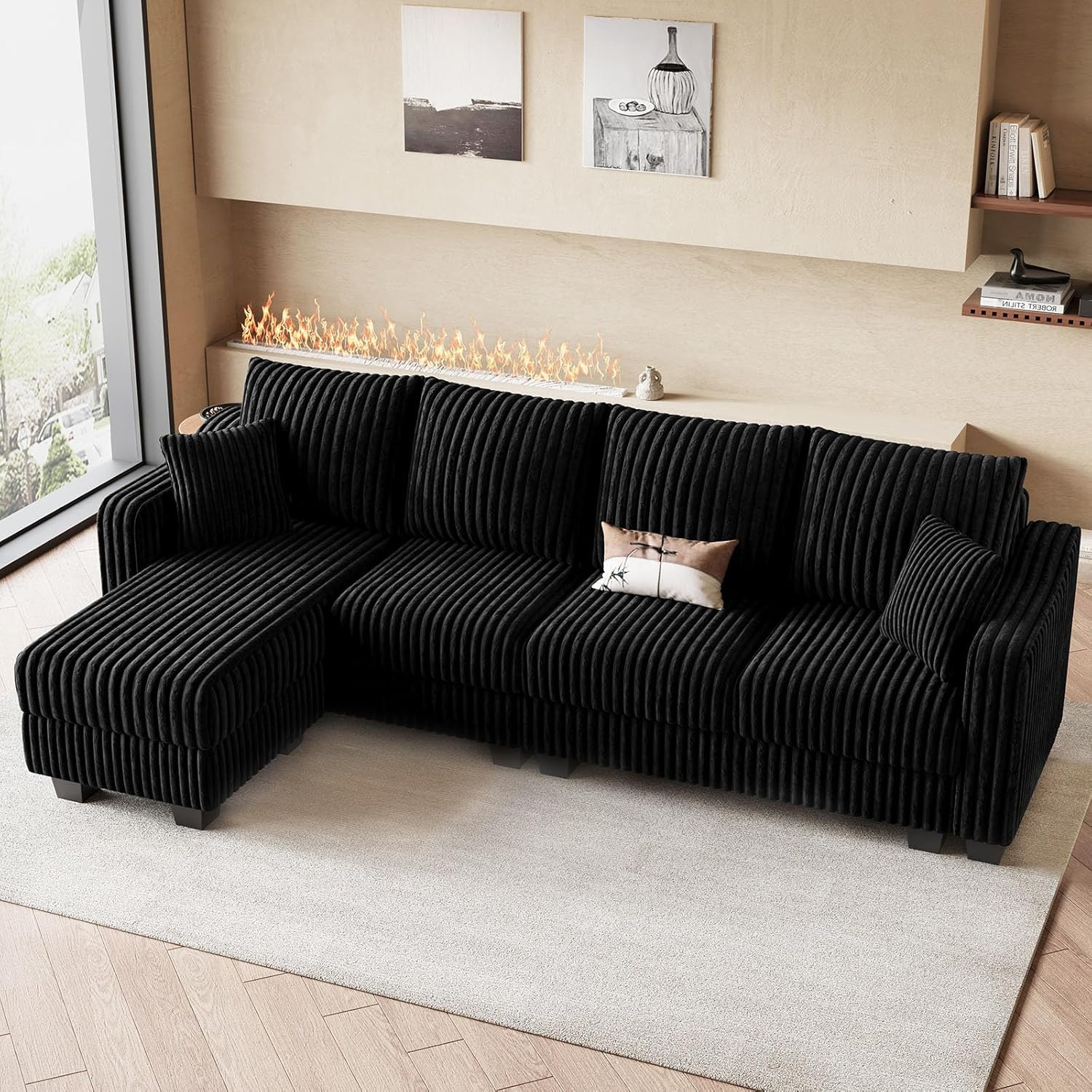 Belffin Sectional Couch with L-Shape Chaise L Shaped Couch with Ottoman Sectional Couches for Living Room Corduroy (Black, L Shaped)