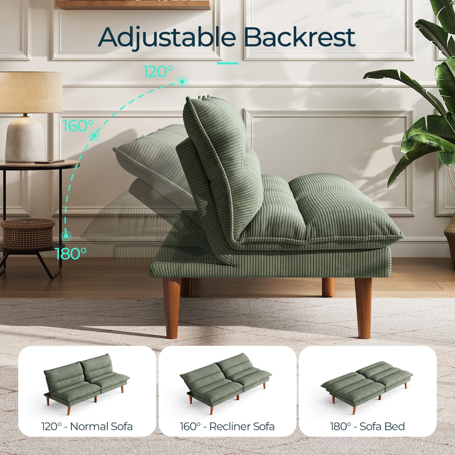 LINSY HOME Futon Sofa Bed - Convertible Corduroy Futon Couch Bed with Adjustable Backrest, Modern Small Loveseat Sleeper Sofa for Small Spaces, Living Room, Apartment or Office (Green)