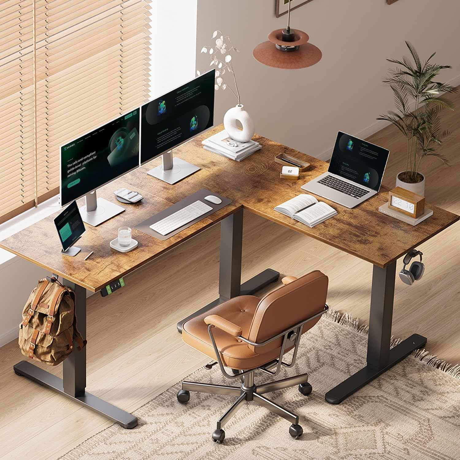 YDN L Shaped Standing Desk, Electric Standing Desks L Shape Adjustable Height Dual Motor, 59 Inch Corner Standing Desks with Splice Board for Home Office, Large Standing Desk, Rustic Brown