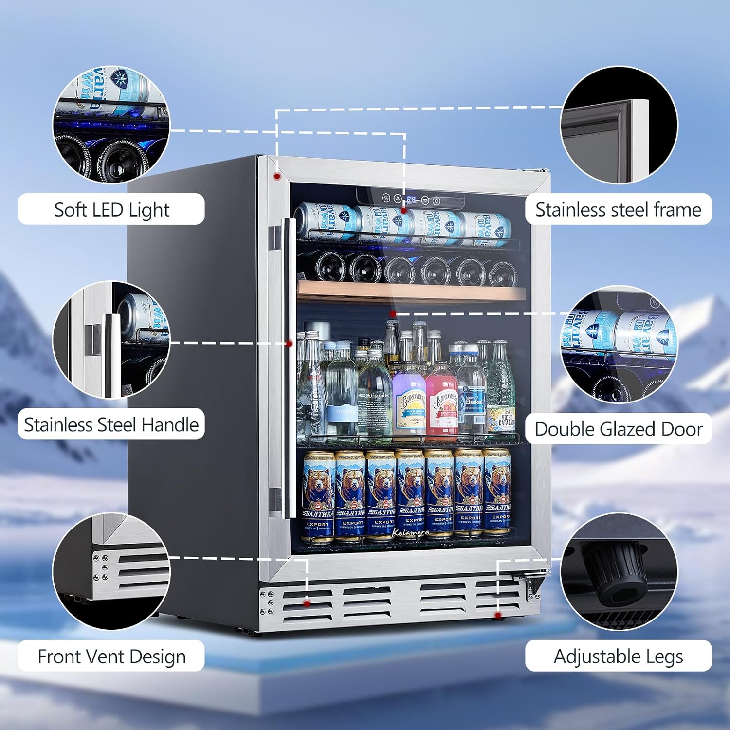 Kalamera Mini Fridge 24 Inch Undercounter Beverage and Wine Cooler Refrigerator Built-in or Freestanding - 118 Cans & 15 Bottles Capacity with LED Light Glass Door