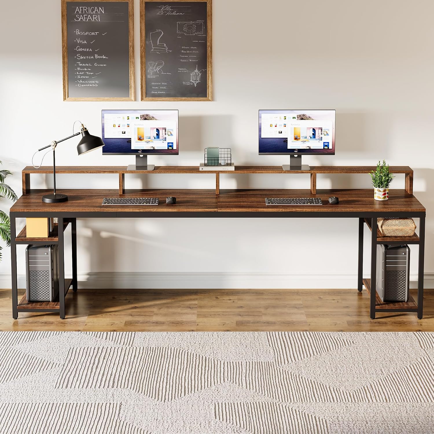 Tribesigns 78.74 Inches Extra Long Two-Person Desk, Double Computer Desk with Monitor Stand and Storage Shelves, Study Work Table for Home Office (Rustic Brown)