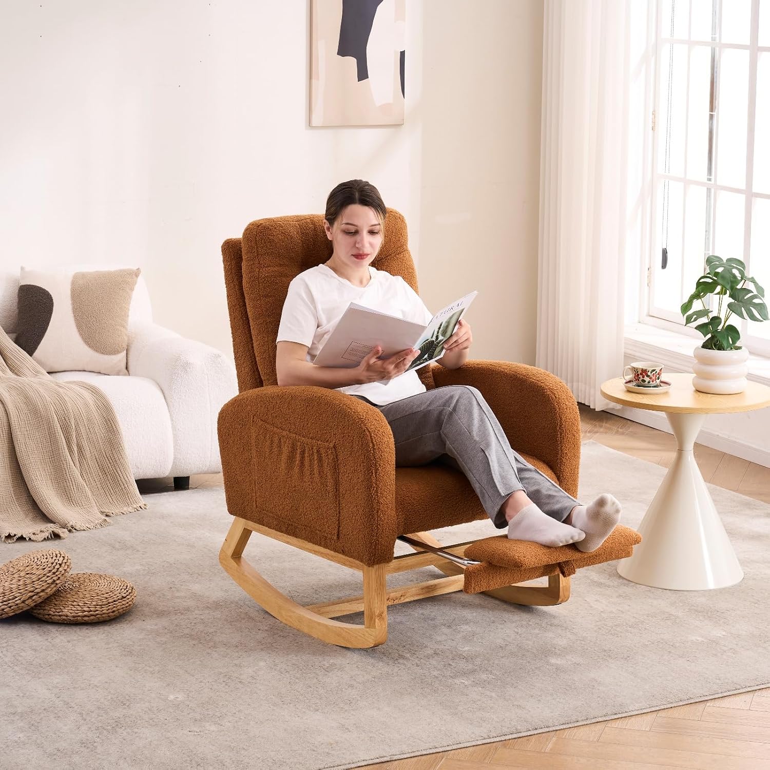 Nursery Rocking Chair with Retractable Footrest,Accent Rocker for Relaxing, Side Pocket,A+ Grade Rubber Wood,Suitable for Living Room,Bedroom and Balcony (Teddy Fleece, Caramel)