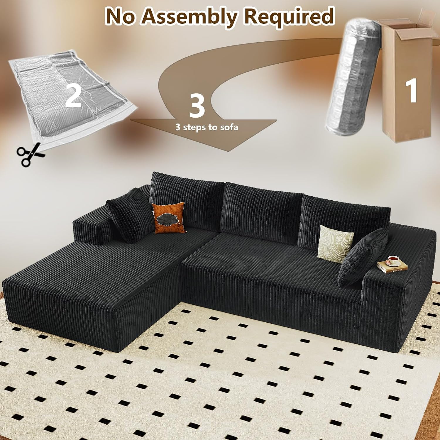 96' Modular Sectional Couch, Boneless L Shaped Cloud Sofa with Chaise Lounge, Corduroy Upholstered Couches Memory Foam Deep Seat, No Assembly Required, Ideal for Living Room(Black, Left Facing)