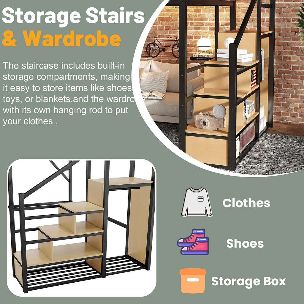 Queen Size Loft Bed Frame for Adults,Metal Lofts Bed Queen with Stairs & Storage Shelves, Heavy Duty High LoftBed with Wardrobe for Teens,Girls Boys, No Box Spring Needed, No Noise, Black