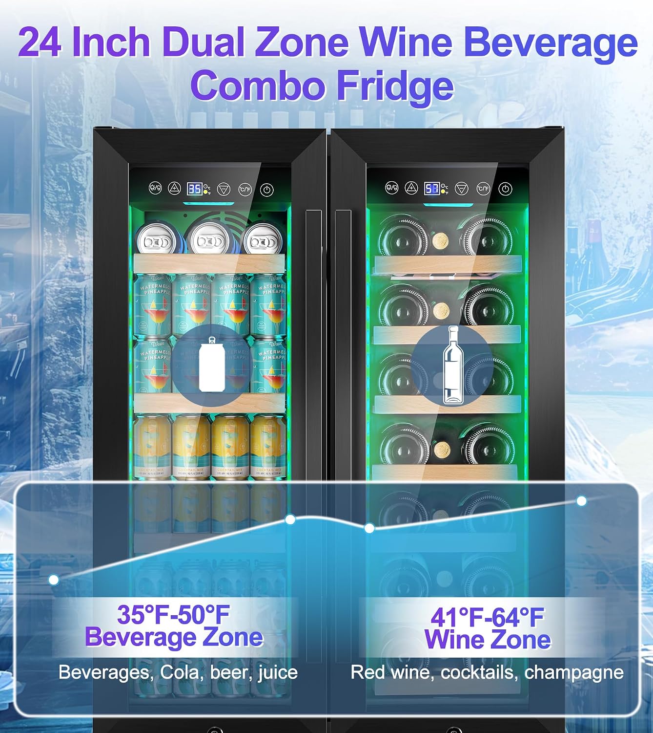 24'' Wine and Beverage Refrigerator, 4.2 Cu. Ft. Dual Zone Wine Fridge with RGB Lights French Door Intelligent Control Advanced Compressor Under Counter Cooler for Outdoor Kitchen Bar Gift Black
