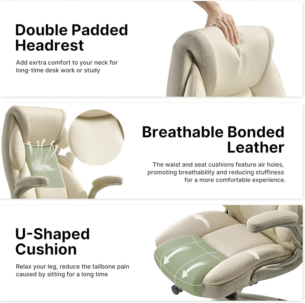 EUREKA ERGONOMIC Galene Executive Office Chair Flip Up Arm Rest, Ergonomic Desk Chair Faux Leather Computer Chair, High Back Office Chair with Headrest, Home Office Desk Chairs with Wheels, Beige