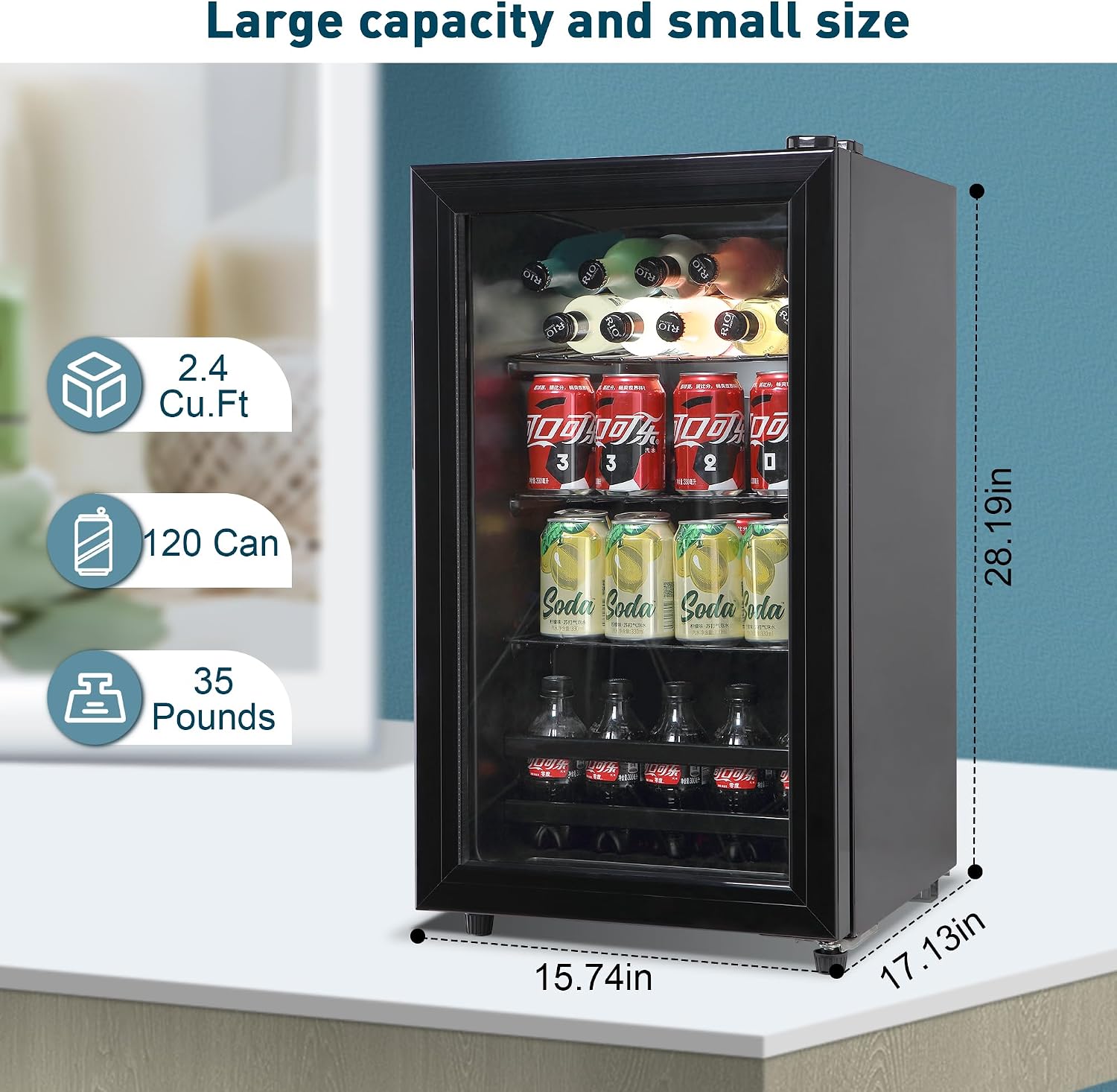 Beverage Refrigerator, 120 Cans Mini Fridge, Wine Cooler Refrigerator with Adjustable Shelving and Glass Door for Soda Beer or Wine, Perfect for Home/Bar/Office