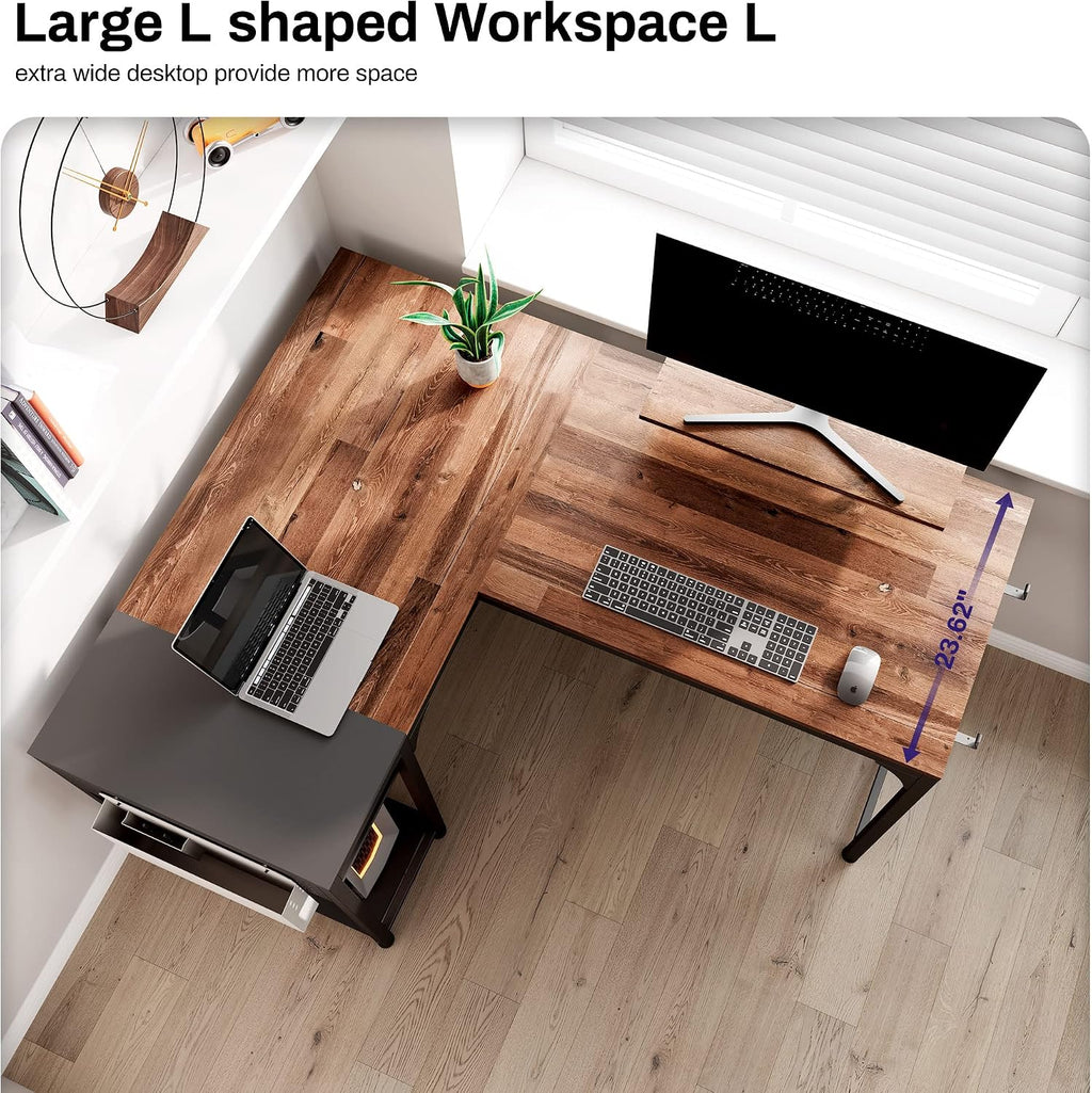 It's_Organized Reversible L Shaped Desk with Monitor Stand,58x47 inch Corner Desk,Study Writing Computer Table with Storage Shelves for Home Office,Rustic Brown/Black