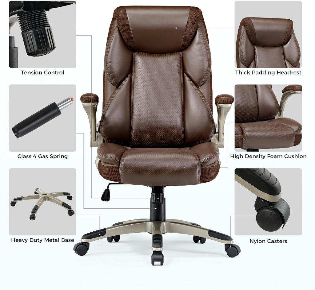 EUREKA ERGONOMIC Galene Executive Office Chair Flip Up Arm Rest, Ergonomic Desk Chair Faux Leather Computer Chair, High Back Office Chair with Headrest, Home Office Desk Chairs with Wheels, Brown