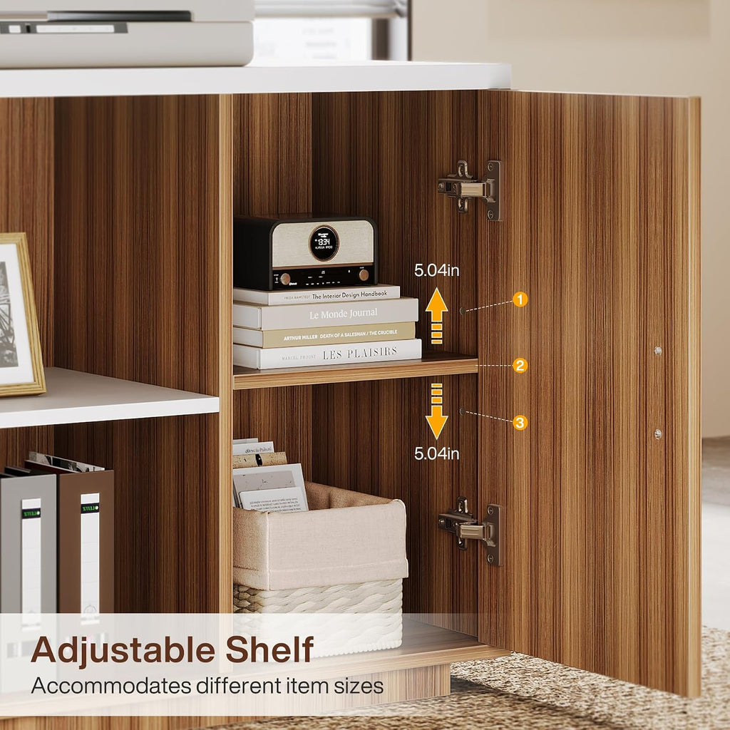 Tribesigns 85.8-Inch L-Shaped Executive Desk with File Drawers, Door Cabinet & Shelves, Extra Large Commercial Office Desk, Modern Professional Office Table, White & Brown Business Furniture