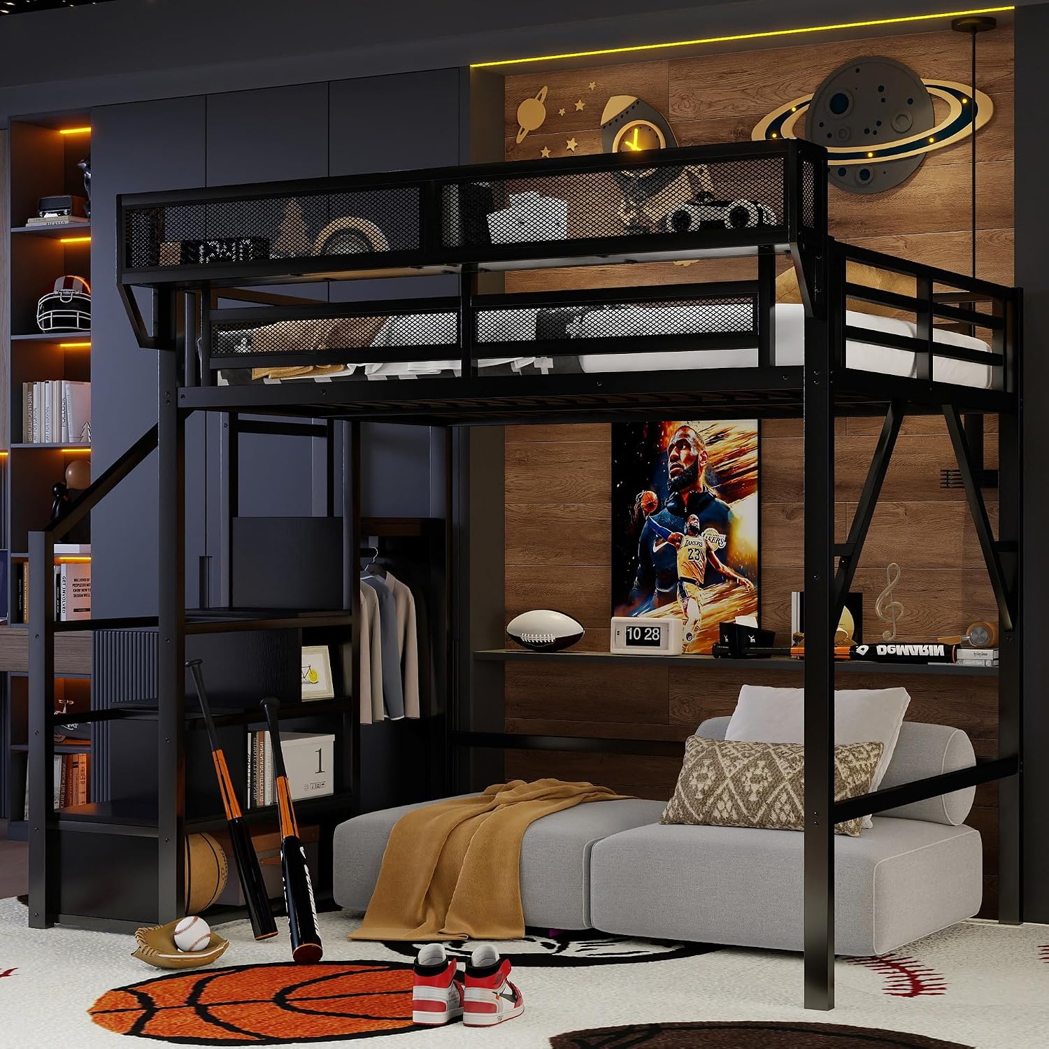 Mirightone Full Size Loft Bed with Stairs, Metal Loft Beds, High Loft Bed Frame with Storage Shelves, Lofted Full Bed with Wardrobe for Kids and Teens, No Box Spring Needed (Black)