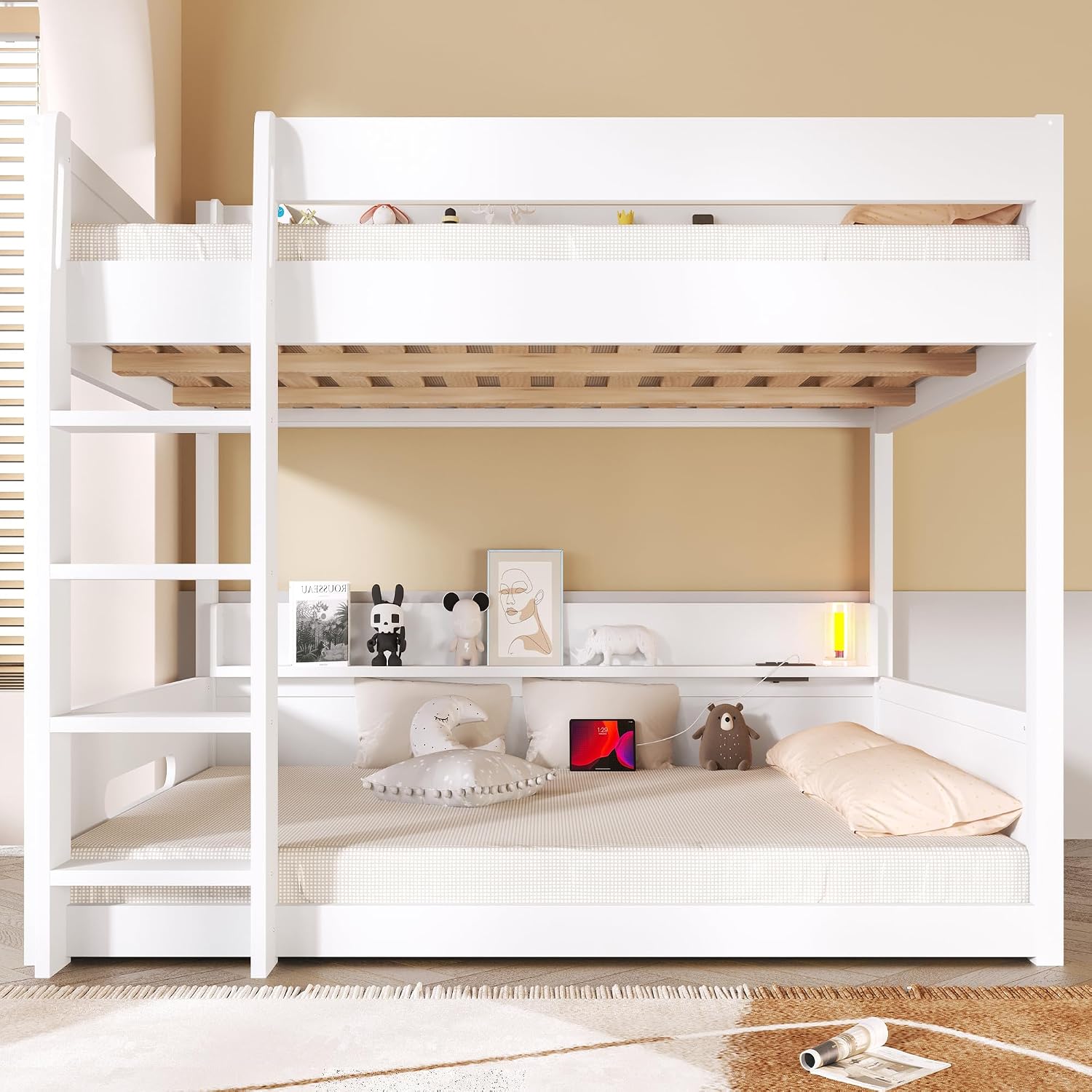 Queen Over Queen Bunk Bed with Storage Shelves and USB Ports,Solid Pine Wood Space-Saving Design for Kids/Adults (White-Q)