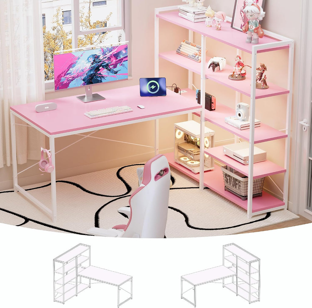 Pamray L Shaped Computer Desk with Reversible Side Storage Shelves, 49 Inch Gaming Desk with Power Outlets and Led Lights, PC Table for Home Office and Bedroom Pink