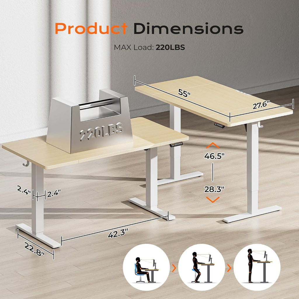 Huuger 55 x 28 Large Electric Standing Desk, Height Adjustable Desk, 27.6' Deep Desktop, Stand up Gaming Computer Office Desk with 2 Hooks, 3 Preset Heights, for Home Office, Maple
