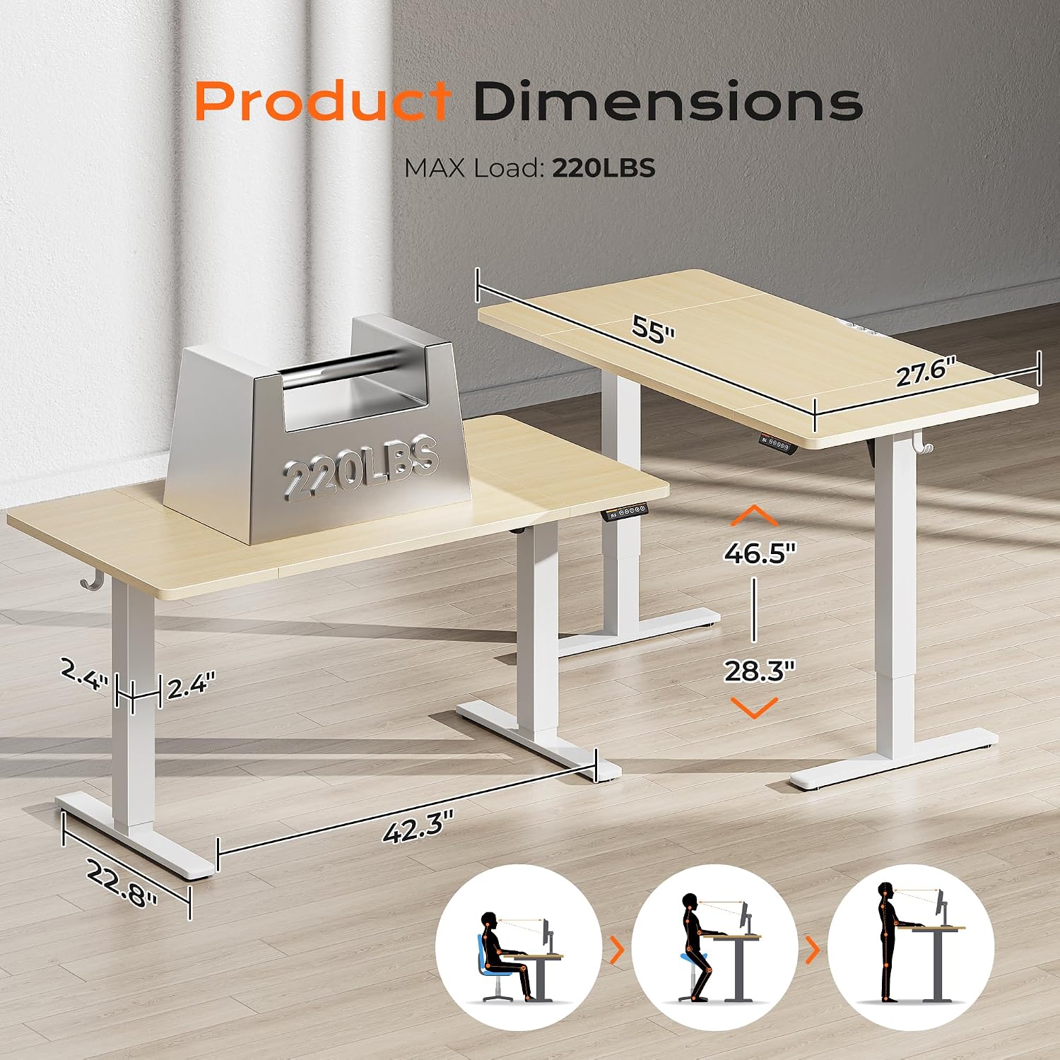 Huuger 55 x 28 Large Electric Standing Desk, Height Adjustable Desk, 27.6' Deep Desktop, Stand up Gaming Computer Office Desk with 2 Hooks, 3 Preset Heights, for Home Office, Maple