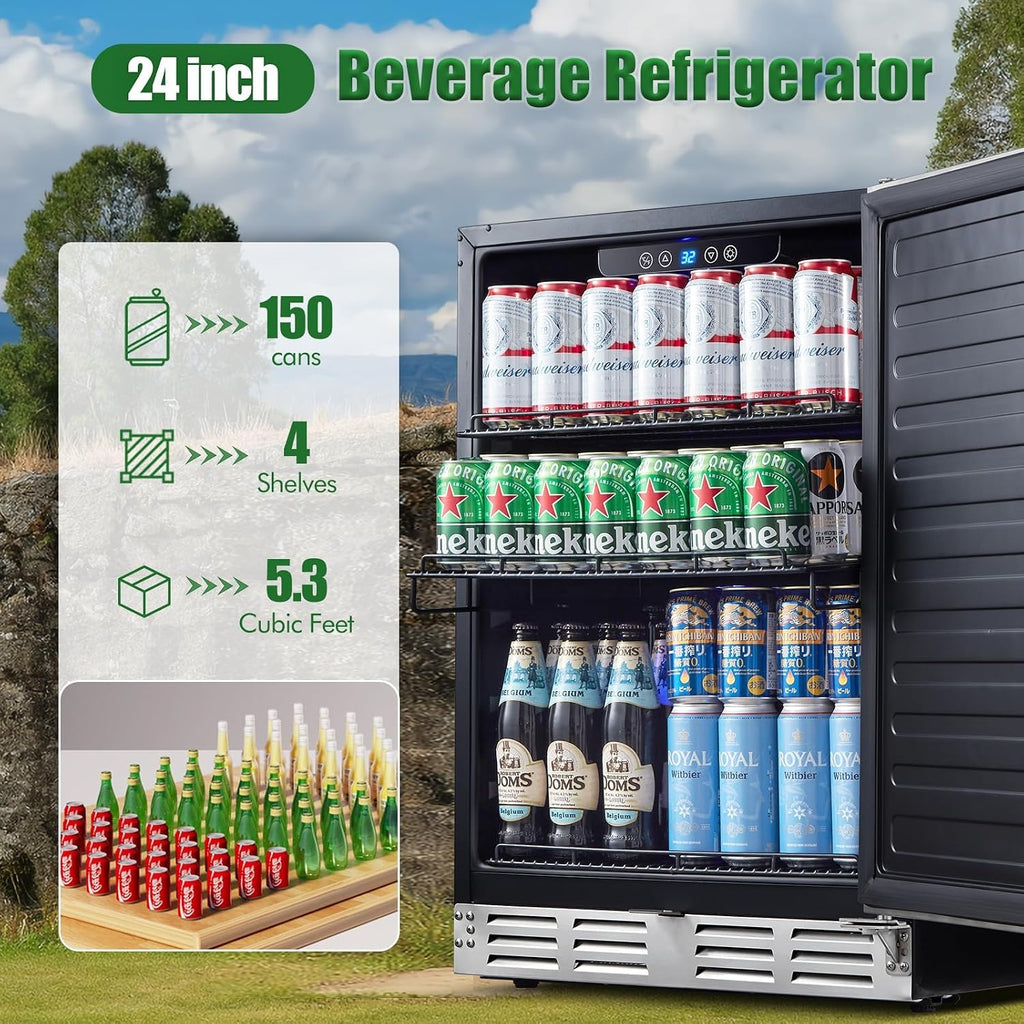 Kalamera Beverage Refrigerator 24 Inch, Under Counter 150 Cans Mini Drinks Fridge with Stainless Steel Door, Beverage Cooler Built-in and Freestanding, 32-40℉ Temperature Range