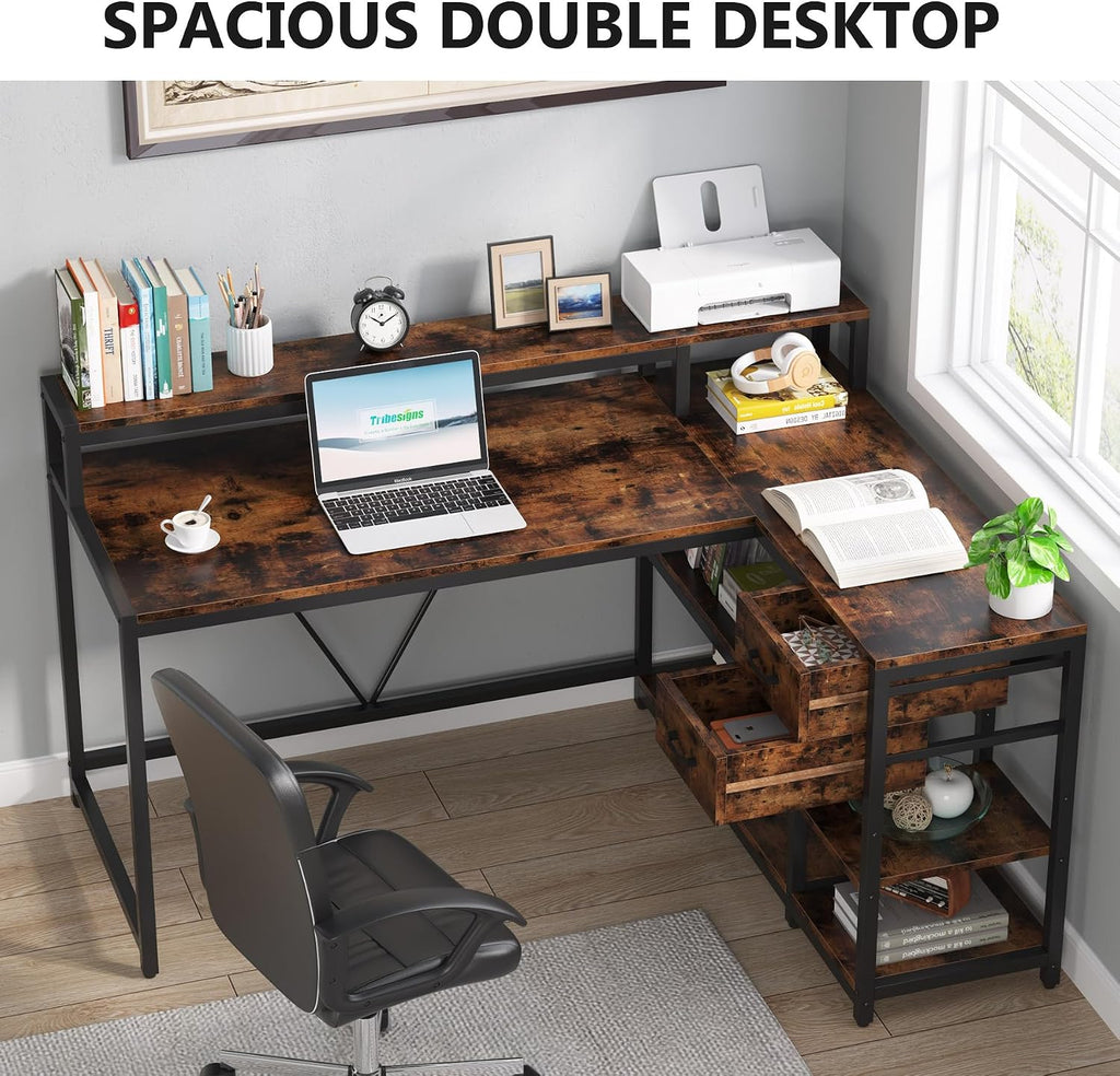 Tribesigns Reversible L Shaped Desk with Drawer, Brown Corner Desk with Storage Shelves and Monitor Stand, Writing Table for for Small Space (Rustic)