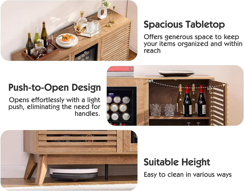 LUXOAK 60' Farmhouse Coffee Bar Cabinet with Beverage Fridge (Included), Wine Bar Cabinet with Drawer Storage, Mini Fridge Cabinet, Sideboard Cabinet for Dining Room, Living Room-Brown