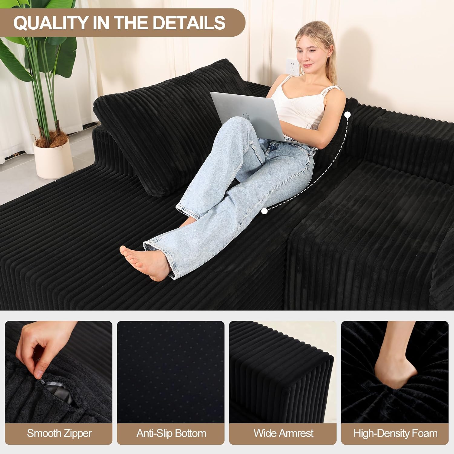 L Shaped Modular Boneless Sectional Couches for Living Room, Wide Armrest, Deep Seat, Memory Foam, Assembly Free, Modern Comfy Corduroy Fluffy Cloud Sofa with Left Chaise, Black