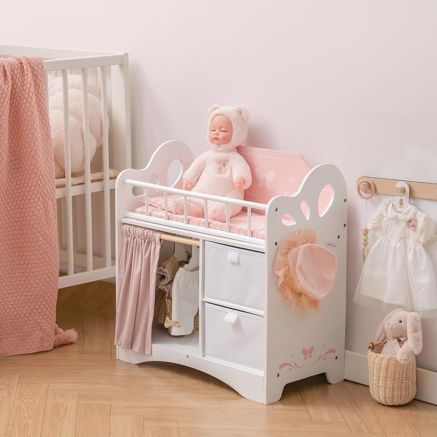 ROBOTIME 4-in-1 Wooden Baby Doll Furniture Set - Includes Doll Crib with Storage, High Chair, Rocking Bassinet, and Stackable Bunk Bed - Fits Dolls up to 21 Inches - Pretend Play Gift for Girls Ages 3