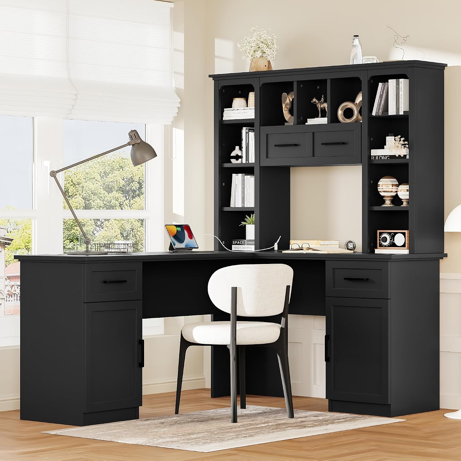 Bellemave L-Shaped Computer Desk with Drawers, Hutch and Bookshelf, Home Office Desk, Corner Gaming Computer Desk with Power Outlet, Study Table Writing Desk, Black