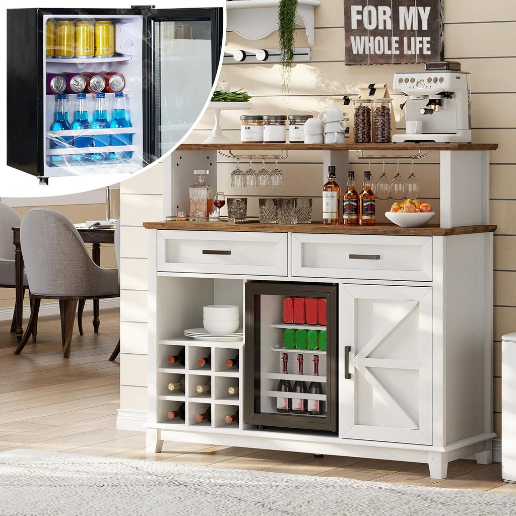 LUXOAK Farmhouse Coffee Bar Cabinet with Beverage Refrigerator Cooler, 47' Rustic Wine Bar Cabinet w/15 Mini Fridge, Barn Door & Glass Racks, Kitchen Hutch Buffet Table w/Drawer, Dining Room, White