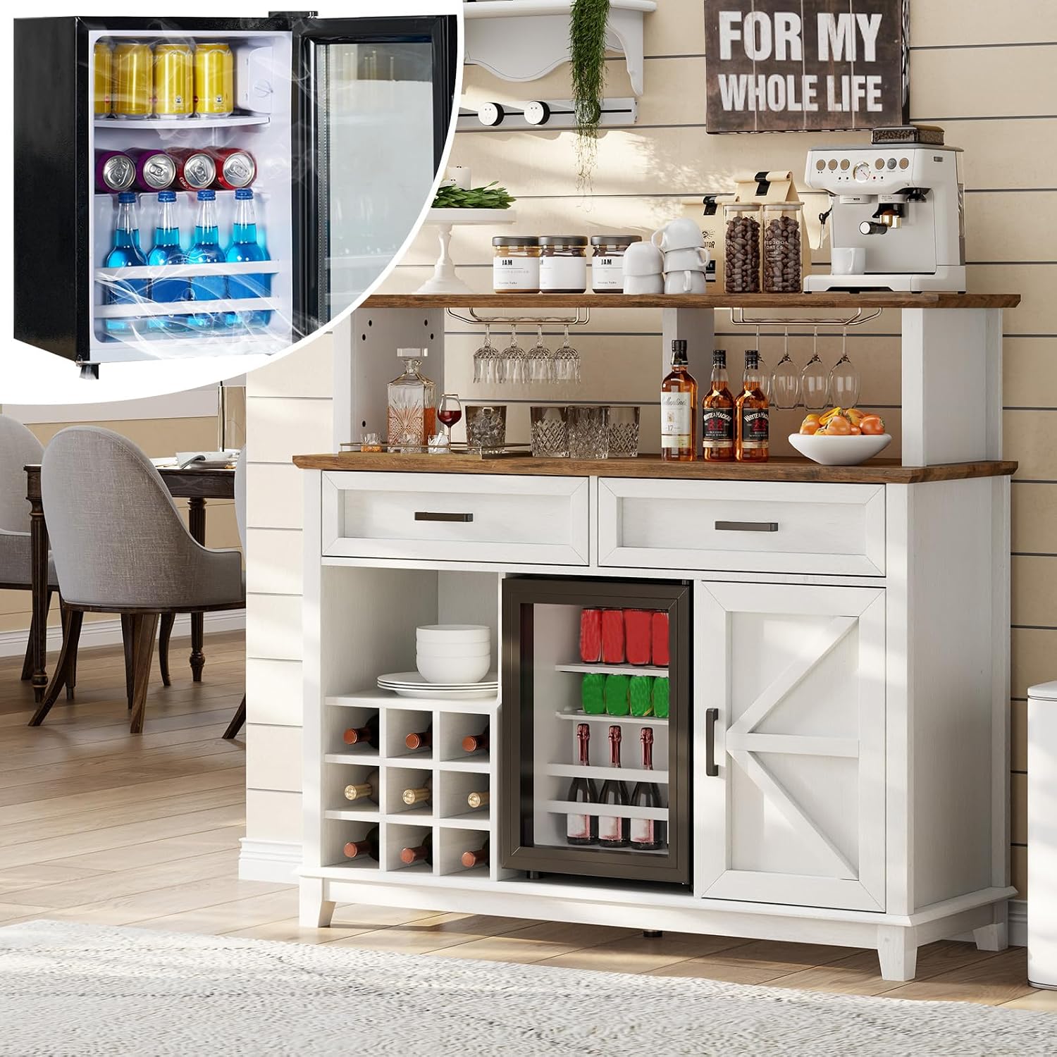 LUXOAK Farmhouse Coffee Bar Cabinet with Beverage Refrigerator Cooler, 47' Rustic Wine Bar Cabinet w/15 Mini Fridge, Barn Door & Glass Racks, Kitchen Hutch Buffet Table w/Drawer, Dining Room, White