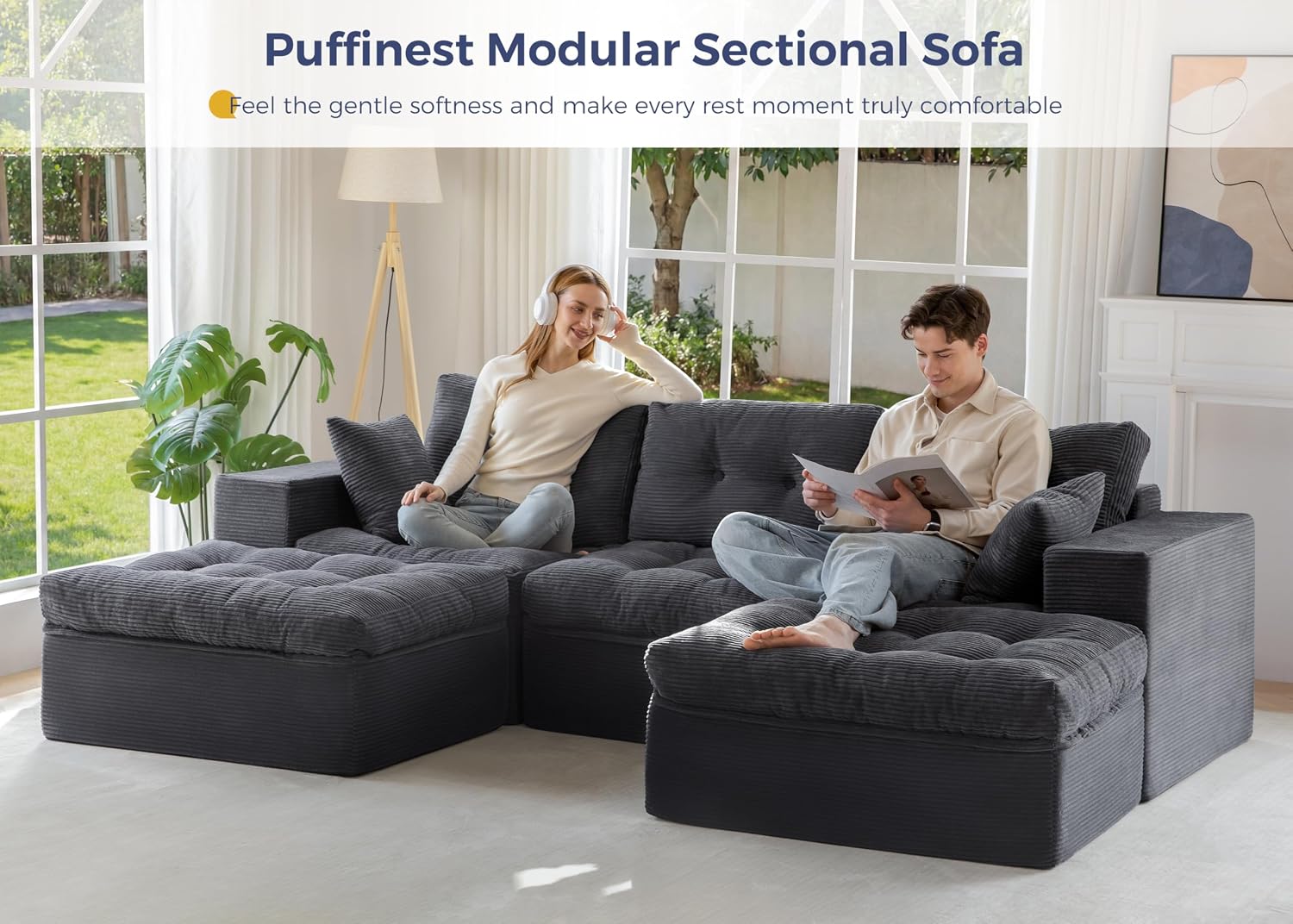 MAXYOYO 104' U Shaped Modular Sectional Sofa with 2 Ottomans, Cloud Boneless Couch with Layered Cushion, Flexible Module Combination Sofa for Living Room, No Assembly Required, Dark Grey