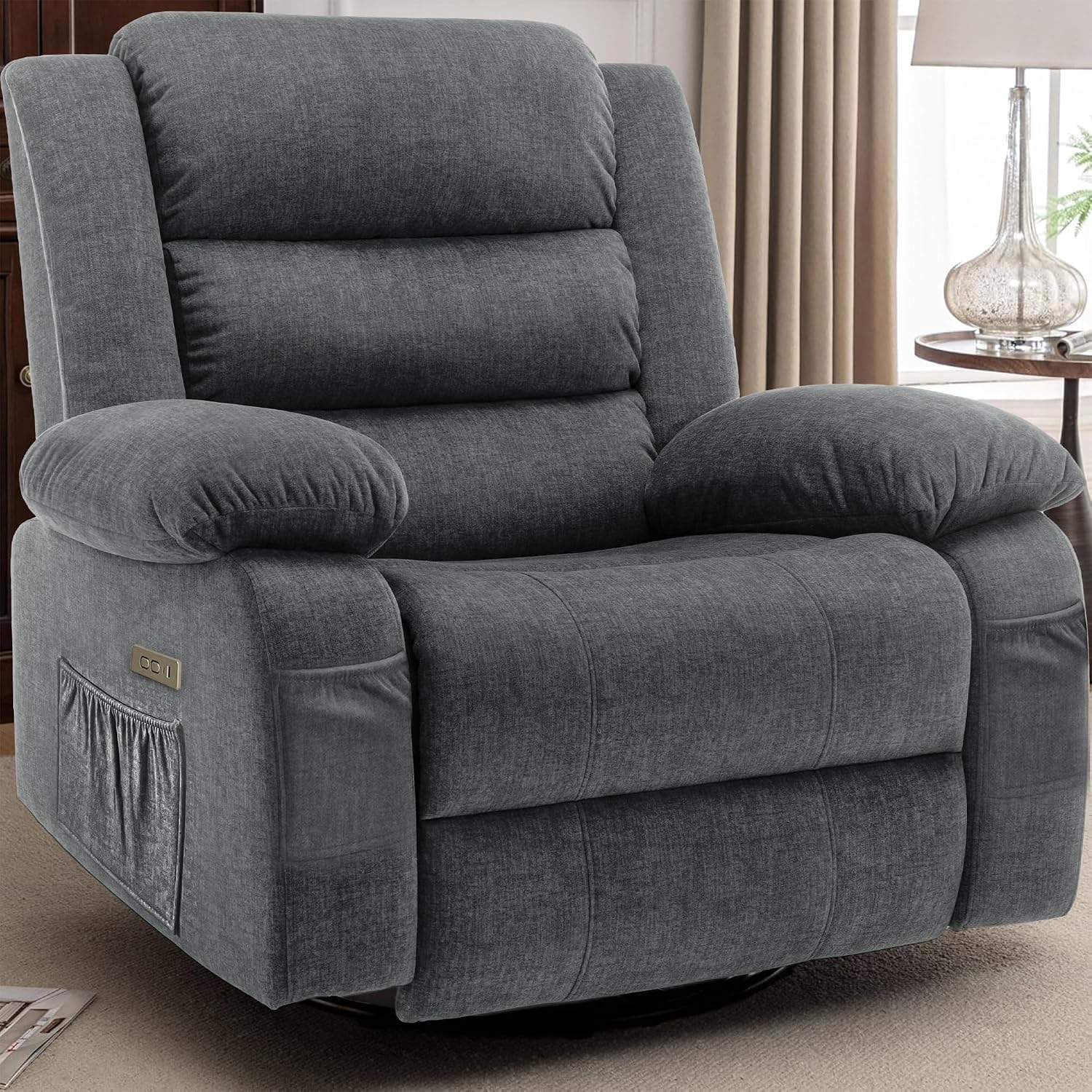 Korser Power Recliner Chair, Electric Rocker Recliner with Massage and Heat, 270° Swivel Glider, Oversized Wide Seat with USB Port, Cashmere Nursery Chair for Living Room, Grey