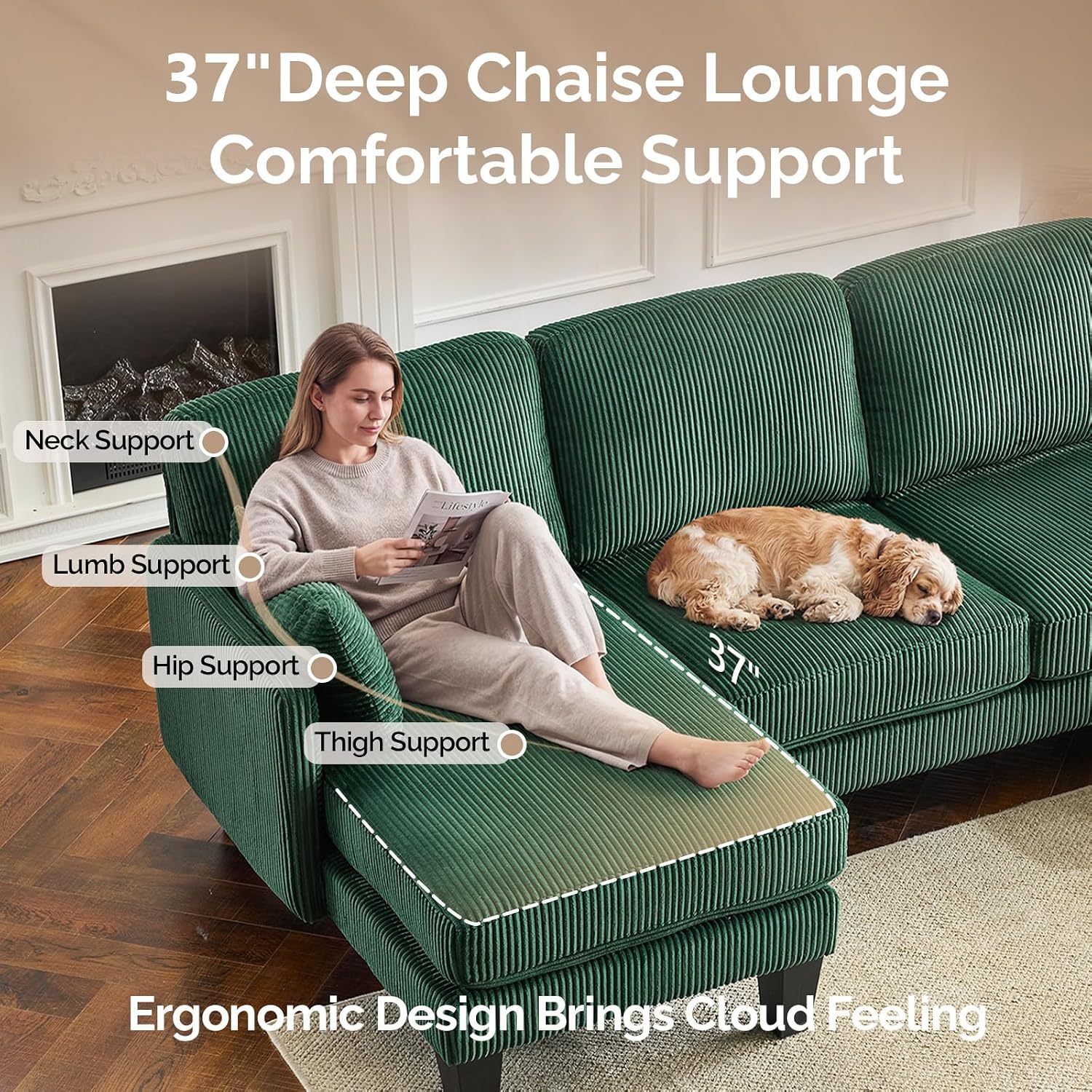 VINGLI 108' W U-Shaped Sectional Couches for Living Room, Sturdy Wooden Armrest Corduroy Cloud Couch with Double Chaise, High Support Modern 4-Seat Sectional Sofa for Apartment, Offices, Dark Green