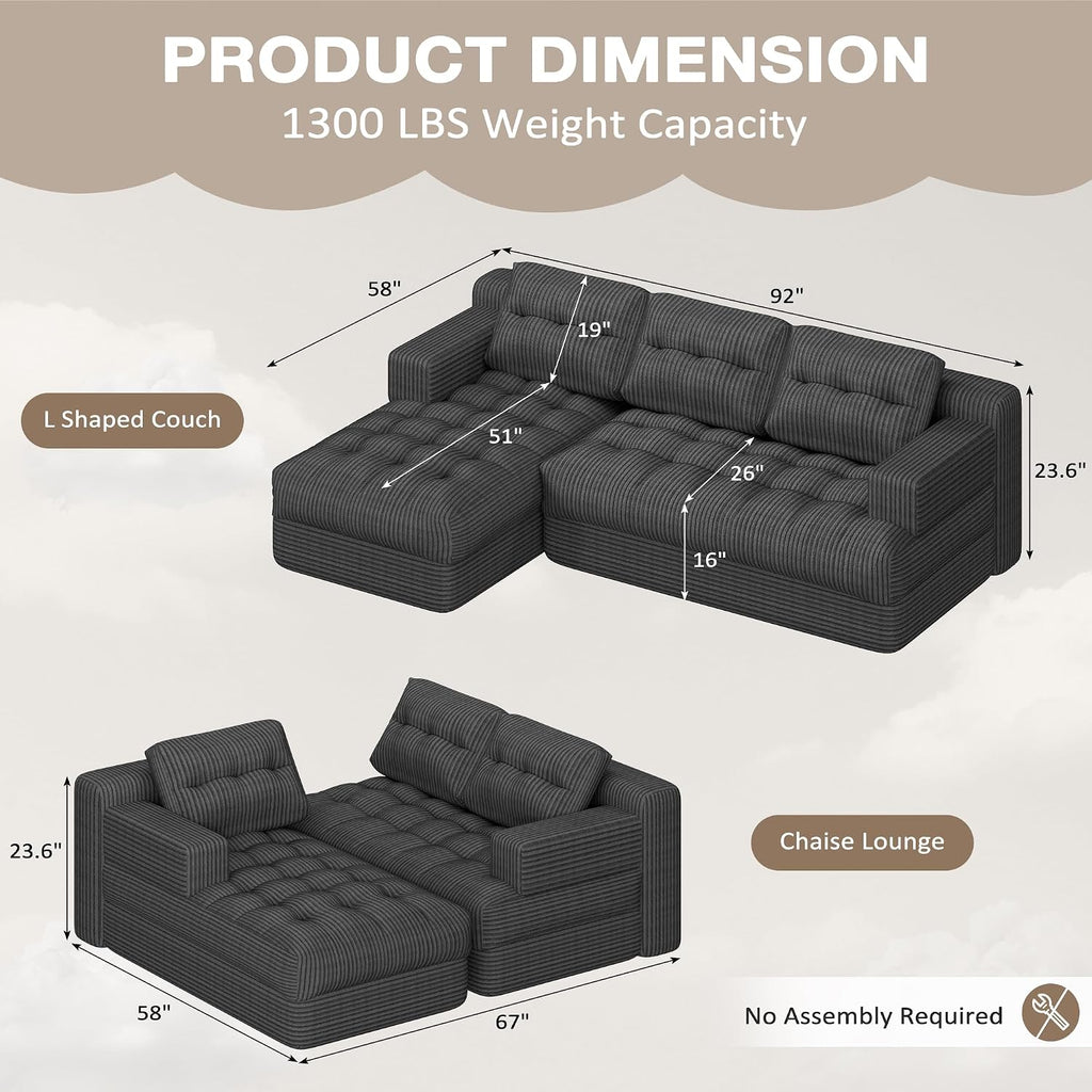 Boneless Couch, 2026 New Boneless Sectional Couch with Deep Seat & Chaise for Small Spaces, Upholstered Cloud Couch Sectional Boneless Couches for Living Room, No Assembly, Left Facing Chaise, Grey