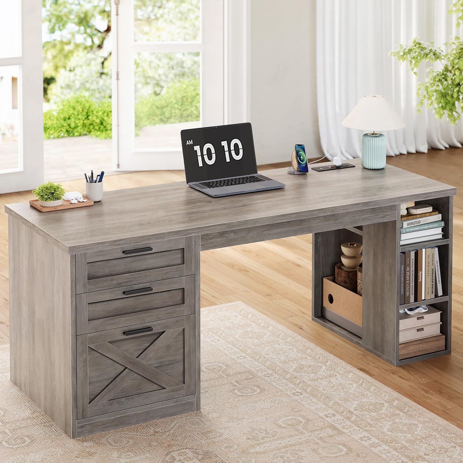 SEDETA 55.1' Executive Computer Desk with 3 Drawers, Farmhouse Office Desk with File Drawer & Storage Shelves, Executive Desk with Power Outlet for Home Office, Grey