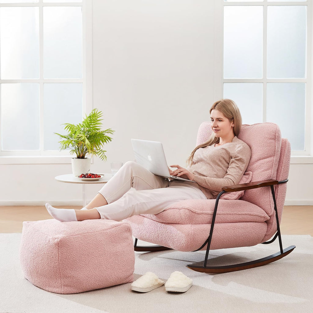 zyz Nursery Rocking Chair with Pillow, Teddy Upholstered Oversized Accent Chair Rocker Recliner, Solid Wood Frame, DIY Ottoman Footrest, Lazy Sofa for Living Room Bedroom (Teddy, Pink)