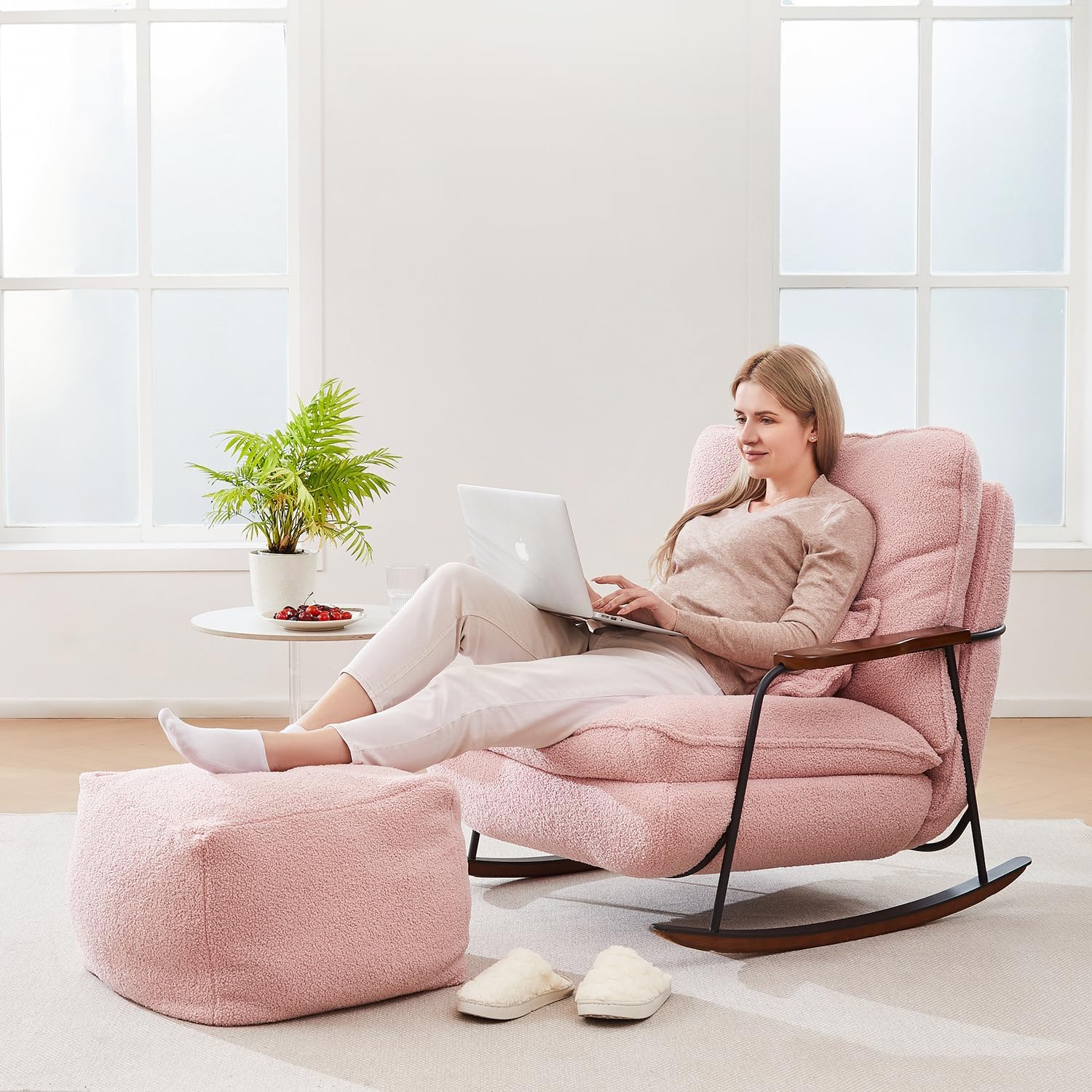 zyz Nursery Rocking Chair with Pillow, Teddy Upholstered Oversized Accent Chair Rocker Recliner, Solid Wood Frame, DIY Ottoman Footrest, Lazy Sofa for Living Room Bedroom (Teddy, Pink)