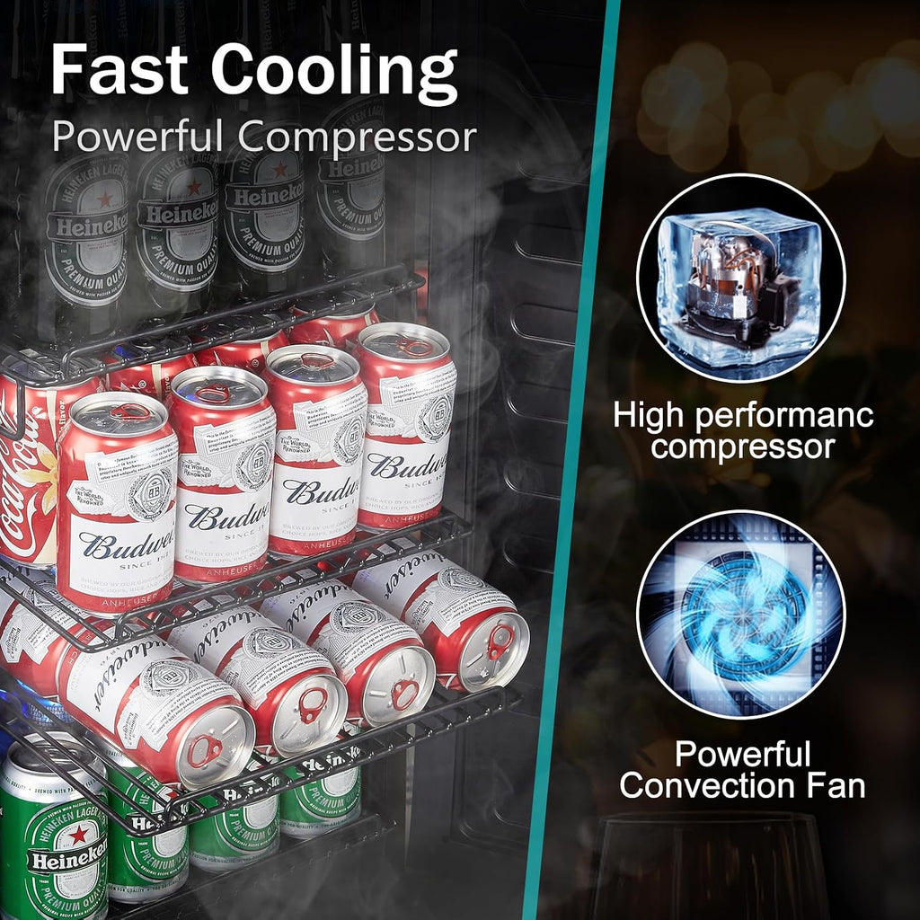 Kalamera Beverage Refrigerator, 15 inch Under Counter Beer Fridge for 104 Cans w/ 32-41℉ Temperature Range, Drink Fridge with Stainless Steel Door