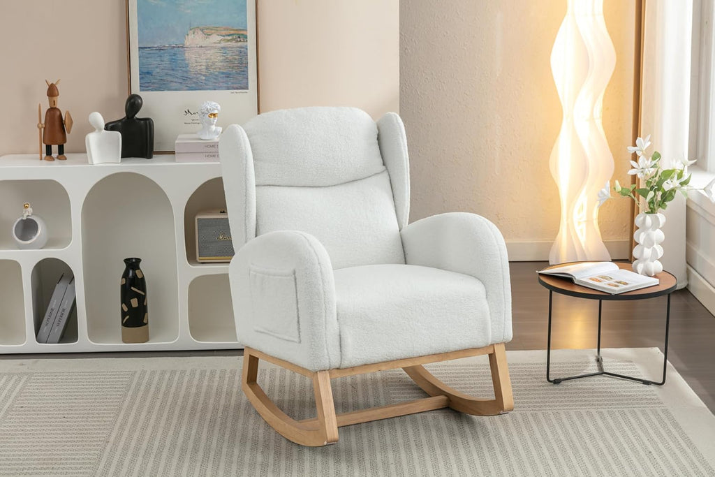 Nursery Glider Chair - Wingback Teddy Upholstered Rocking Chair with High Backrest, Ergonomic Rocker Chair for Breastfeeding & Baby Room, Modern Accent Armchair for Living Room & Bedroom, Lvory