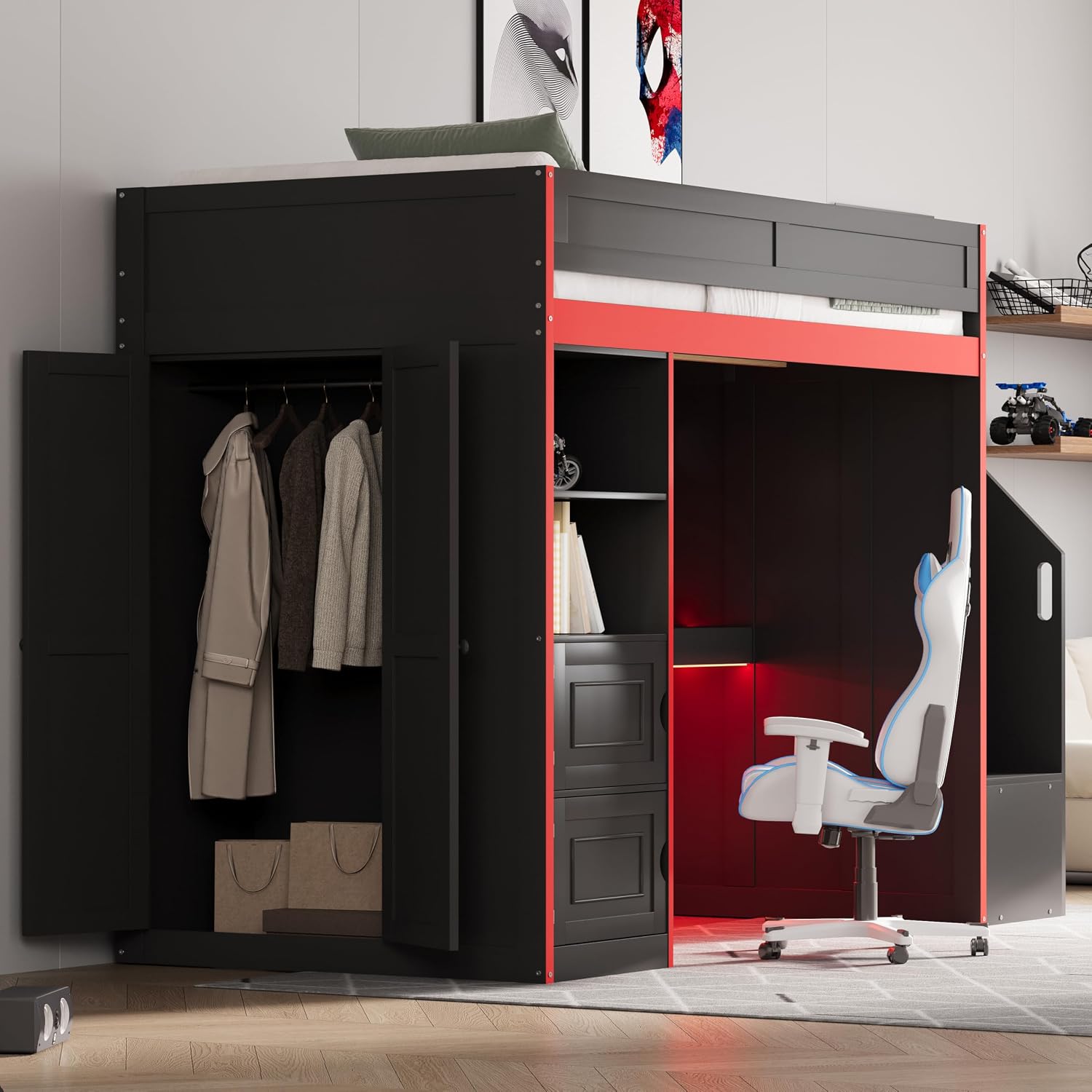 SOFTSEA Twin Size Gaming Loft Bed with Desk & Storage Stairs, Solid Wood Loft Bed with LED Lights, Wardrobe and Shelves, Space-Saving Gaming Bed for Kids Teens Adults, Black + Red