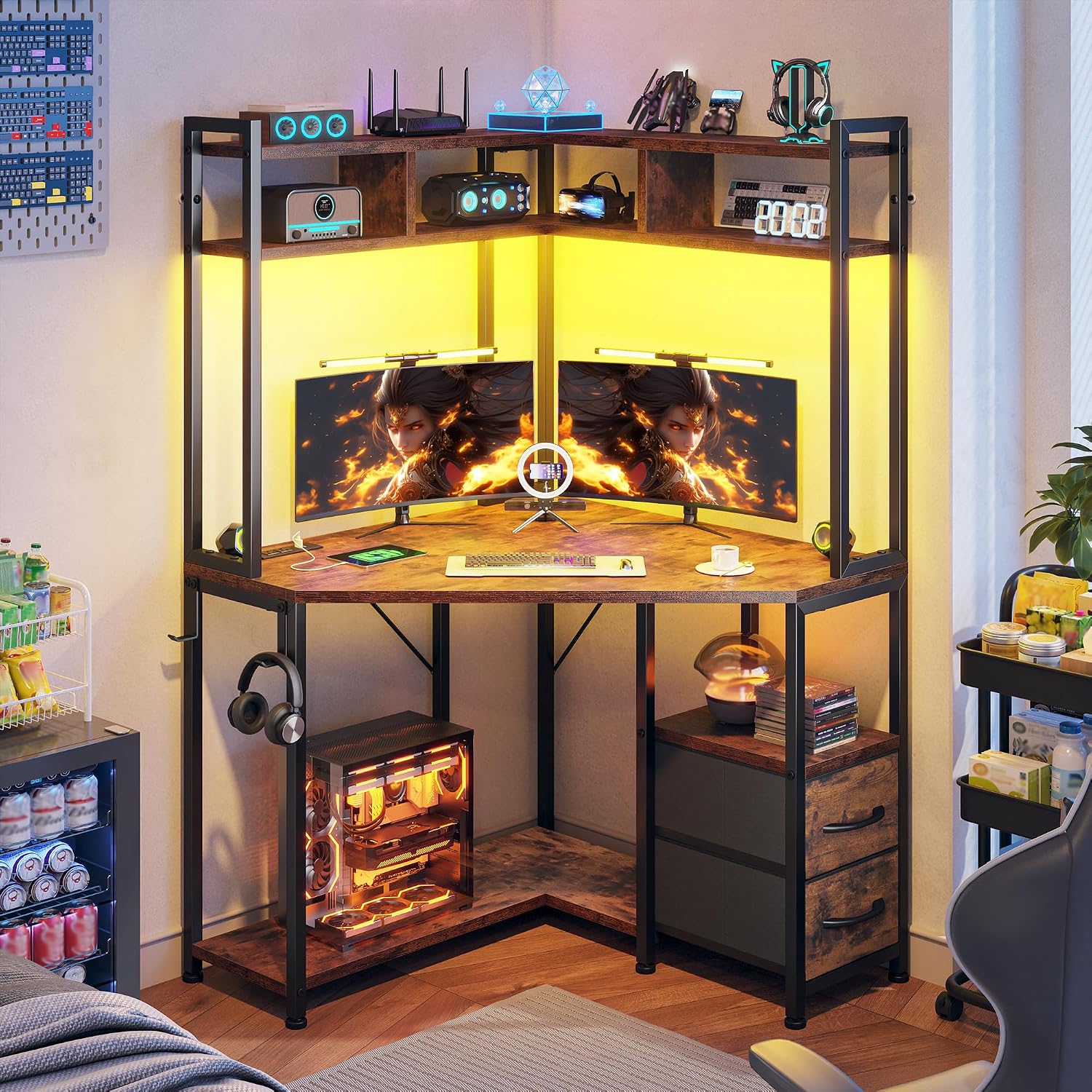 DurayLoly 35.4' W x 63' H Corner Desk with Hutch & LED Lights, Triangle Corner Desk and Computer Desk with Drawers for Storage & Shelves and Hook, Office Desk for Bedroom Small Space, Rustic Brown