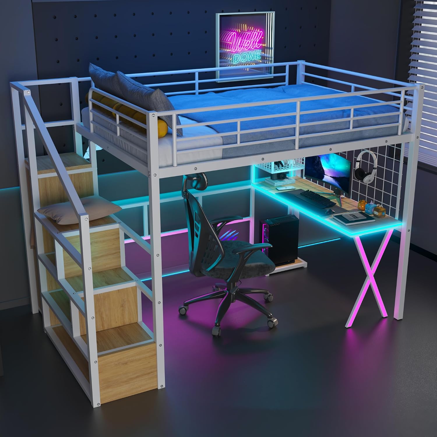 MERITLINE Full Gaming Loft Bed with Desk and Storage Wardrobe& LED RGB,Metal Gaming Bed with Stairs and Storage Case,for Adults Teens (White)