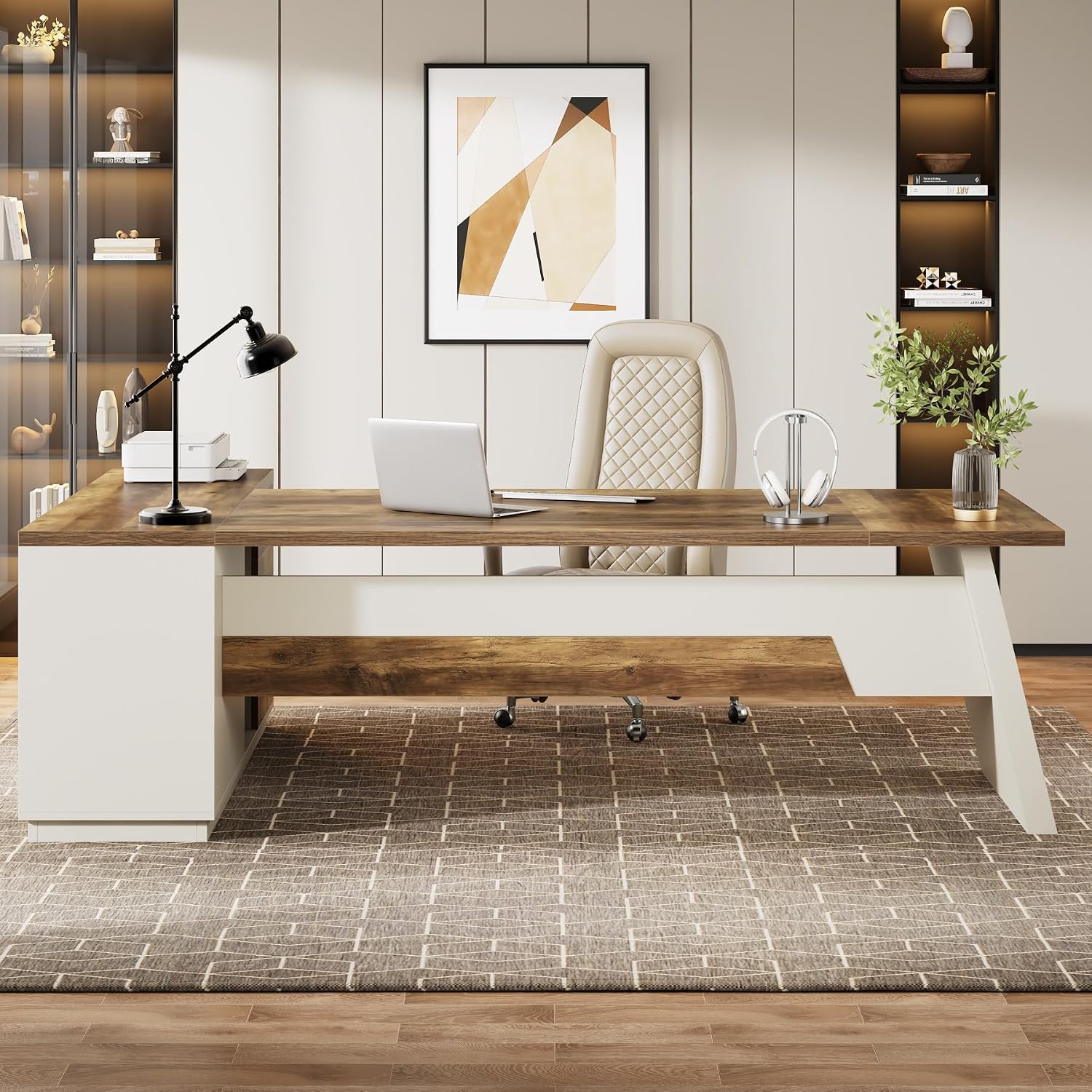 Tribesigns L-Shaped Executive Desk, 78-Inch Modern Office Desk with Drawers and Lateral File Cabinet, Large Bussiness Furniture with Storage Shelves, Workstation for Home Office (Brown + White)