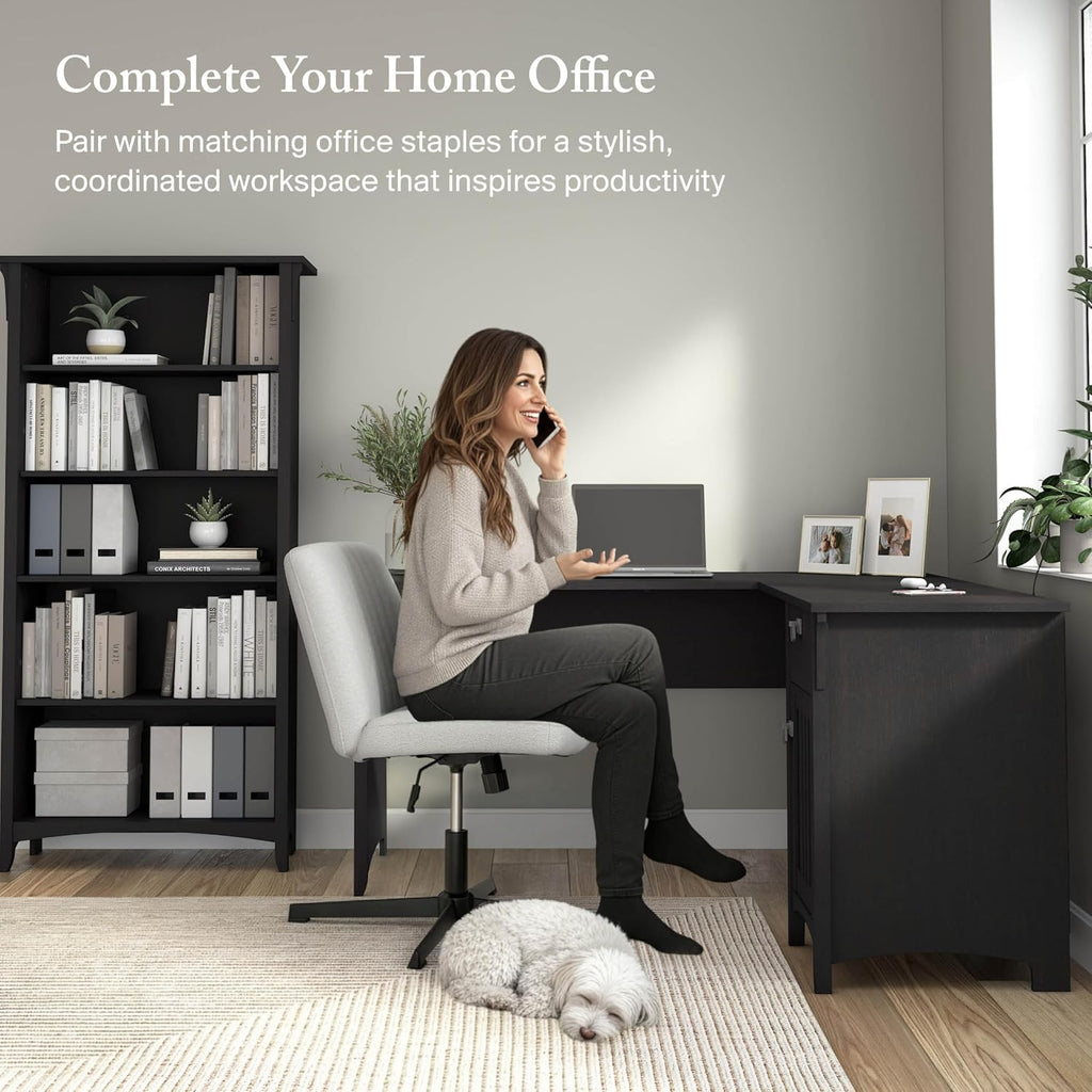 Bush Home L Shaped Desk with Storage for Home Office, Modern Farmhouse Corner Table with Drawers and Cabinets, Salinas Collection, Vintage Black