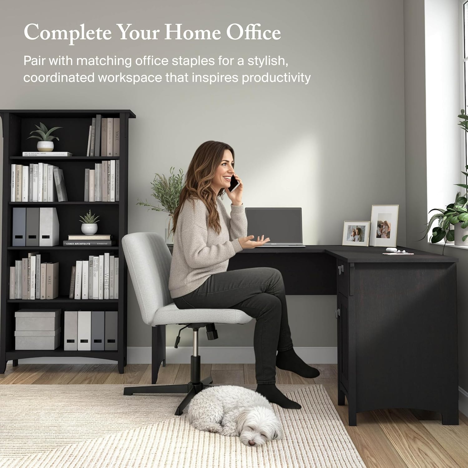 Bush Home L Shaped Desk with Storage for Home Office, Modern Farmhouse Corner Table with Drawers and Cabinets, Salinas Collection, Vintage Black