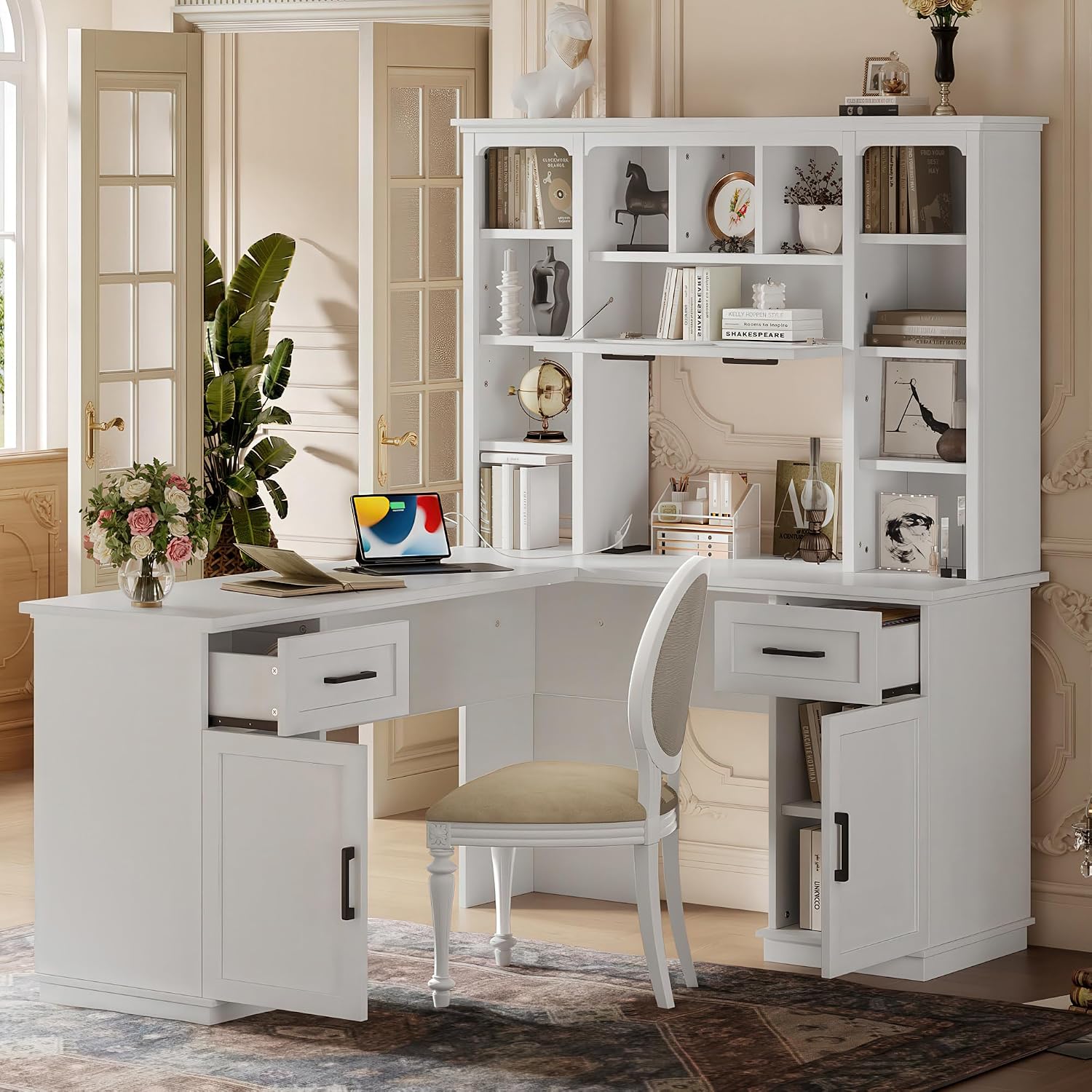 RuiSiSi L-Shaped Computer Desk with Hutch, Home Office Corner Desk with Drawers and Cabinet, Open Storage Shelves, Multi-Functional Writing Table for Study Room Bedroom Living Room, White