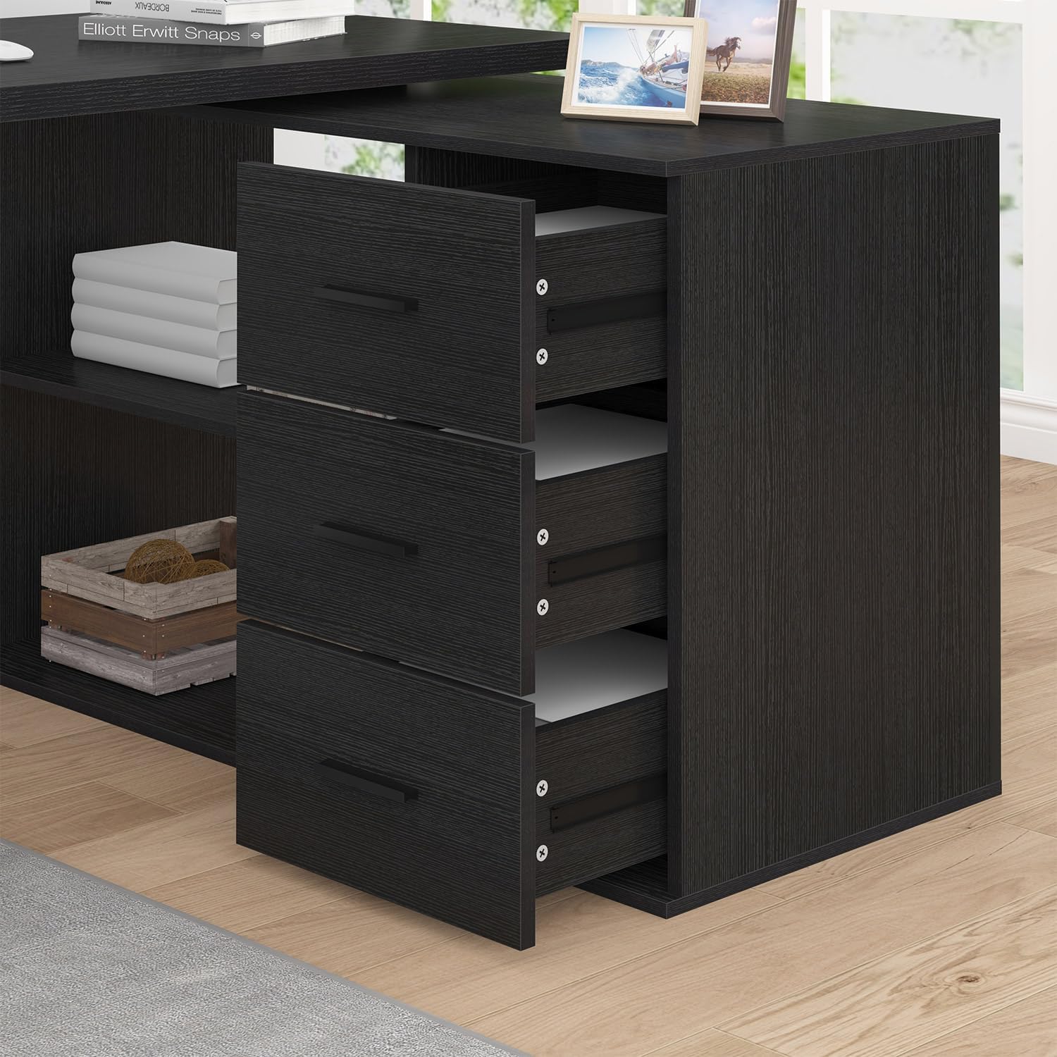 HSH Black L Shaped Computer Desk with Drawers, Home Office Desk with Storage Cabinet Shelves, Reversible Corner Wood Writing Desk for Executive Work Study, Large Bedroom Computer Table, 55 Inch